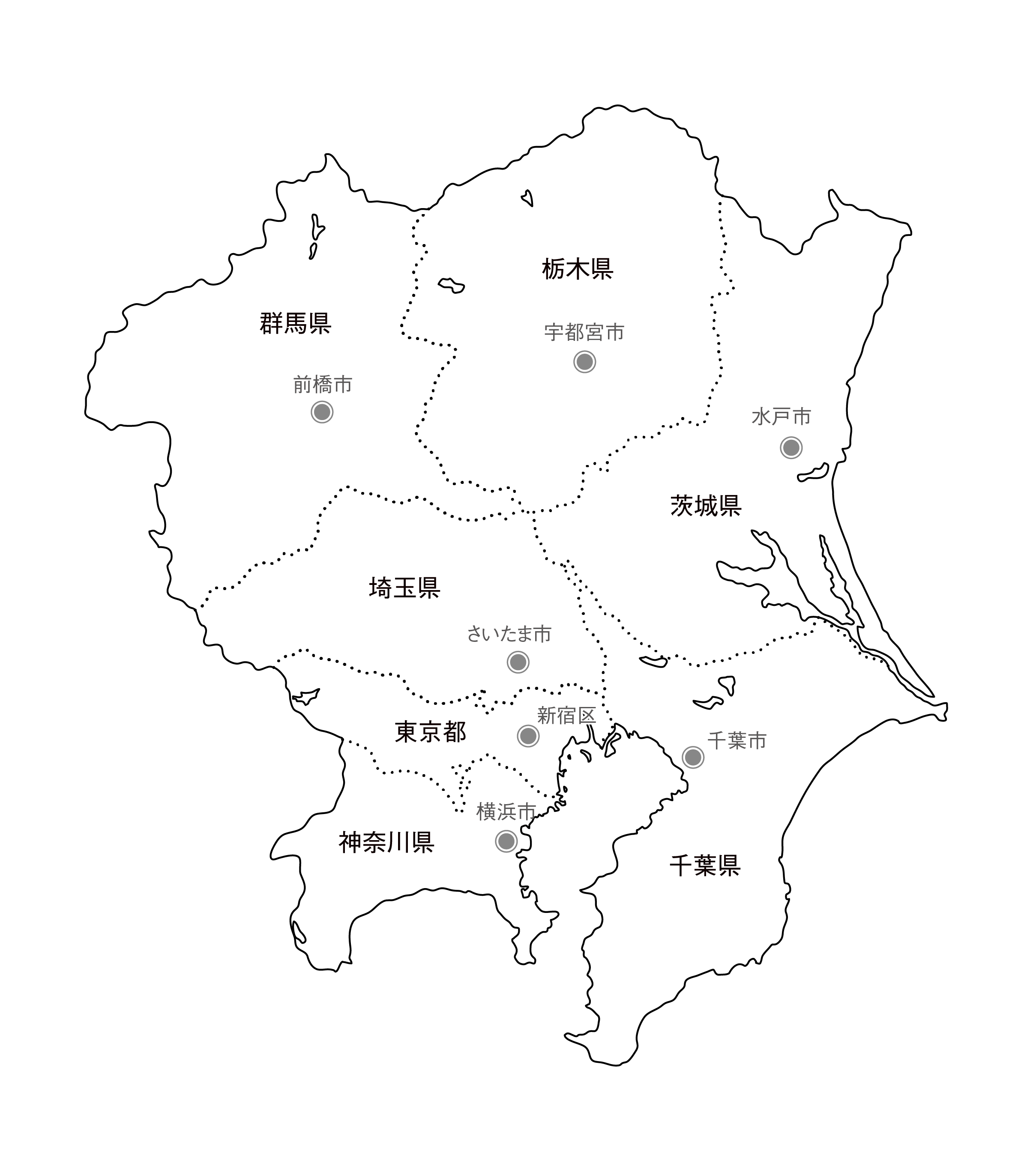 [白地図]関東・県庁所在地あり・ルビあり