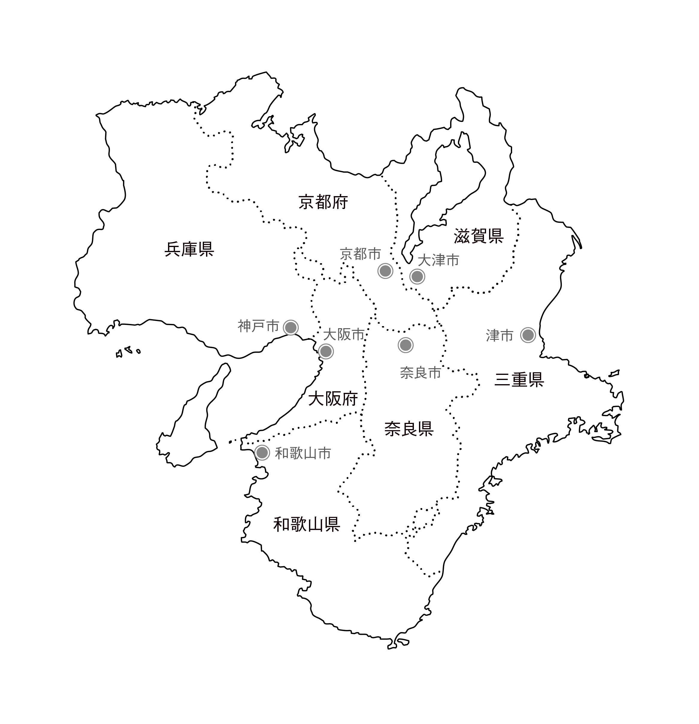 [白地図]近畿・県庁所在地あり