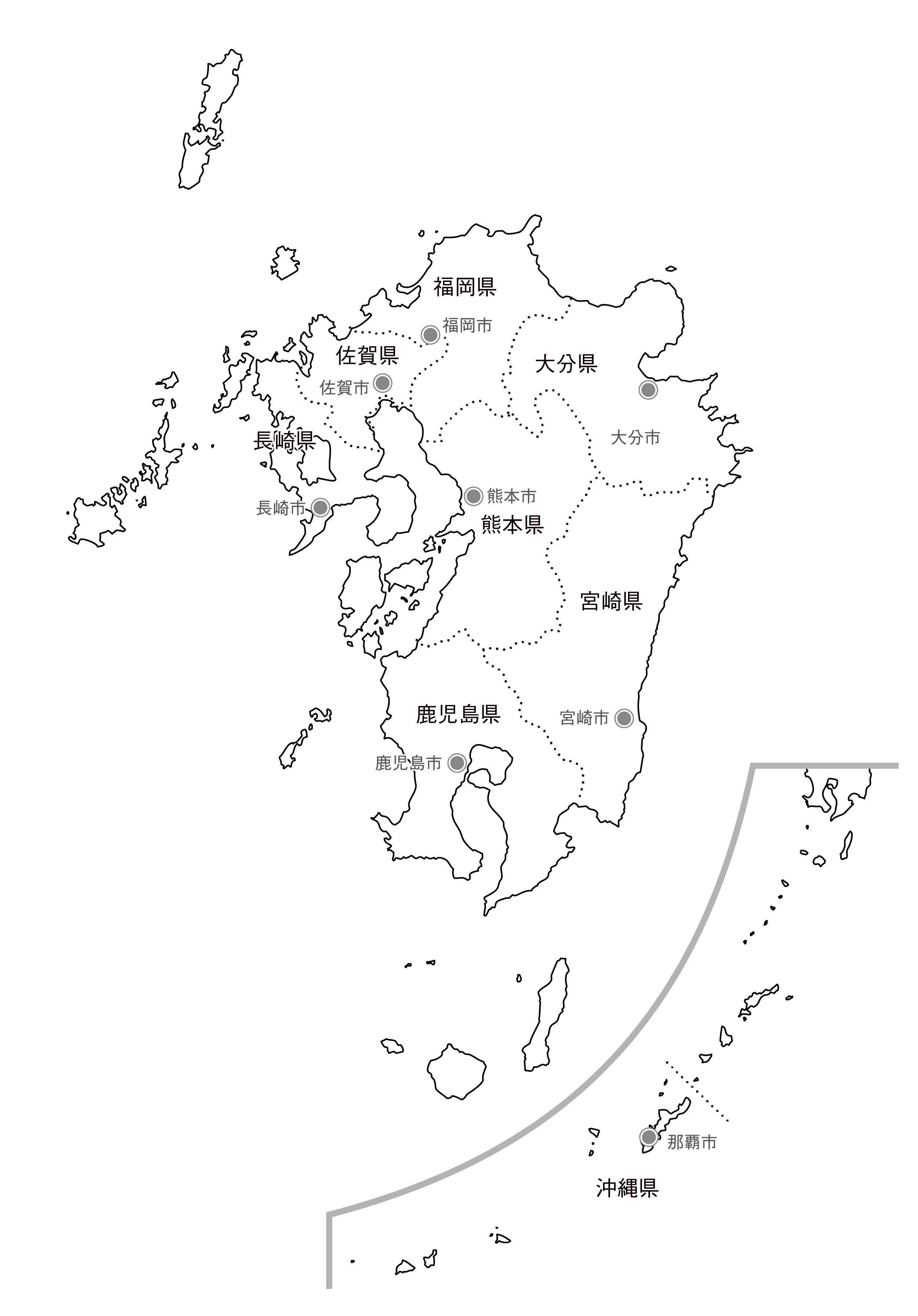 [白地図]九州沖縄・県庁所在地あり