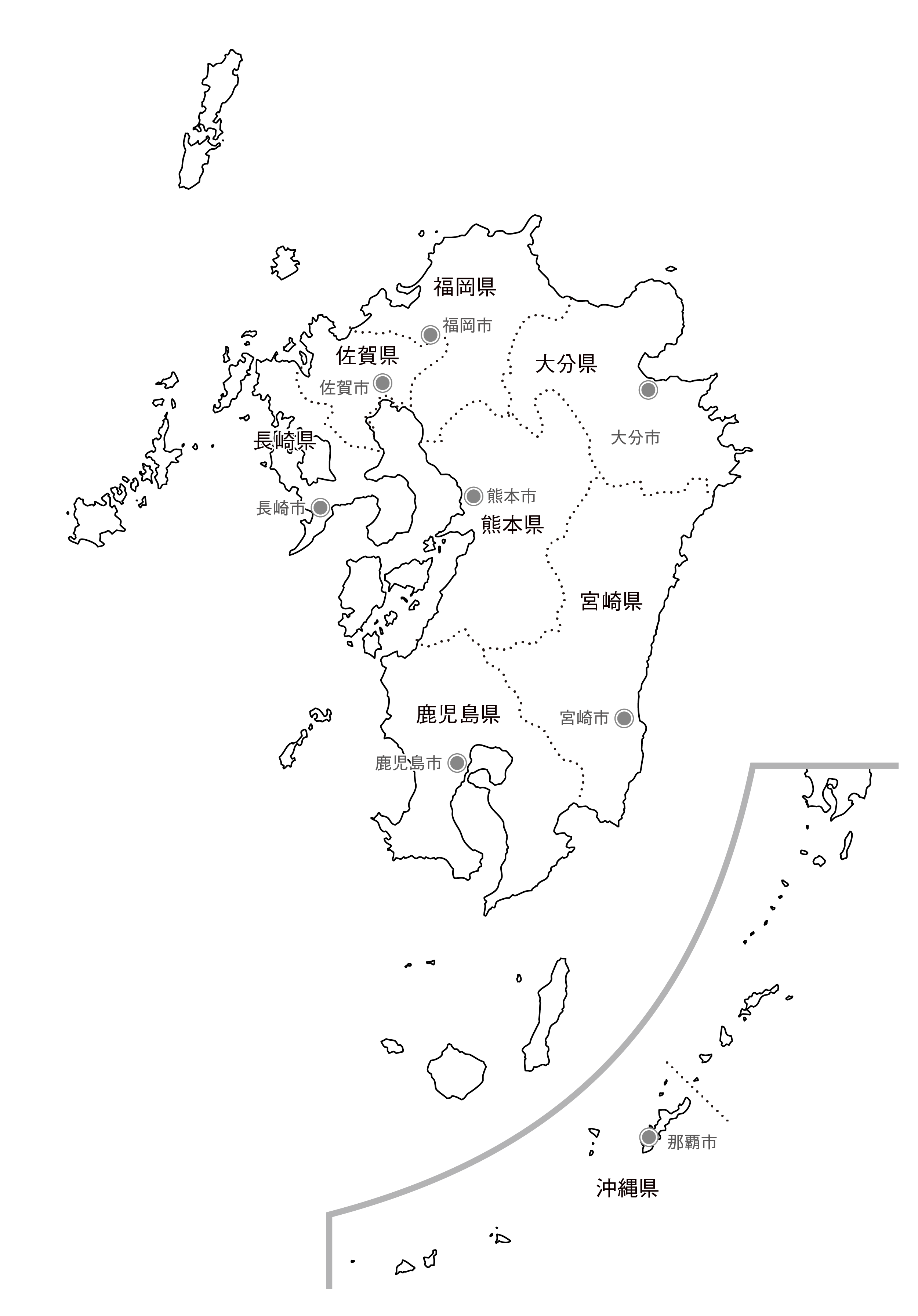 九州 沖縄地方の白地図イラスト無料素材集 県庁所在地 市区町村名あり