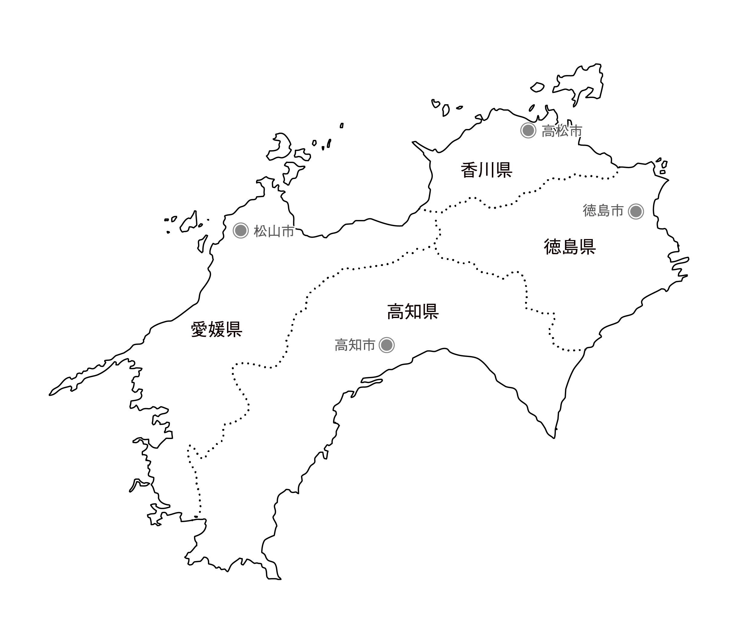 [白地図]四国・県庁所在地あり