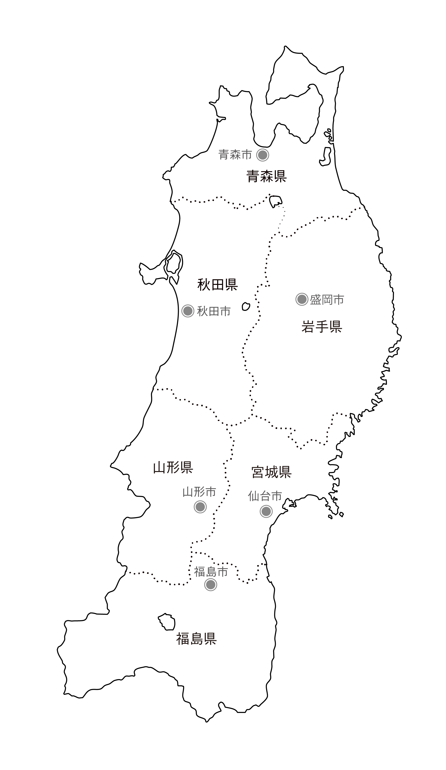 東北地方の白地図イラスト無料素材集 県庁所在地 市町村名あり