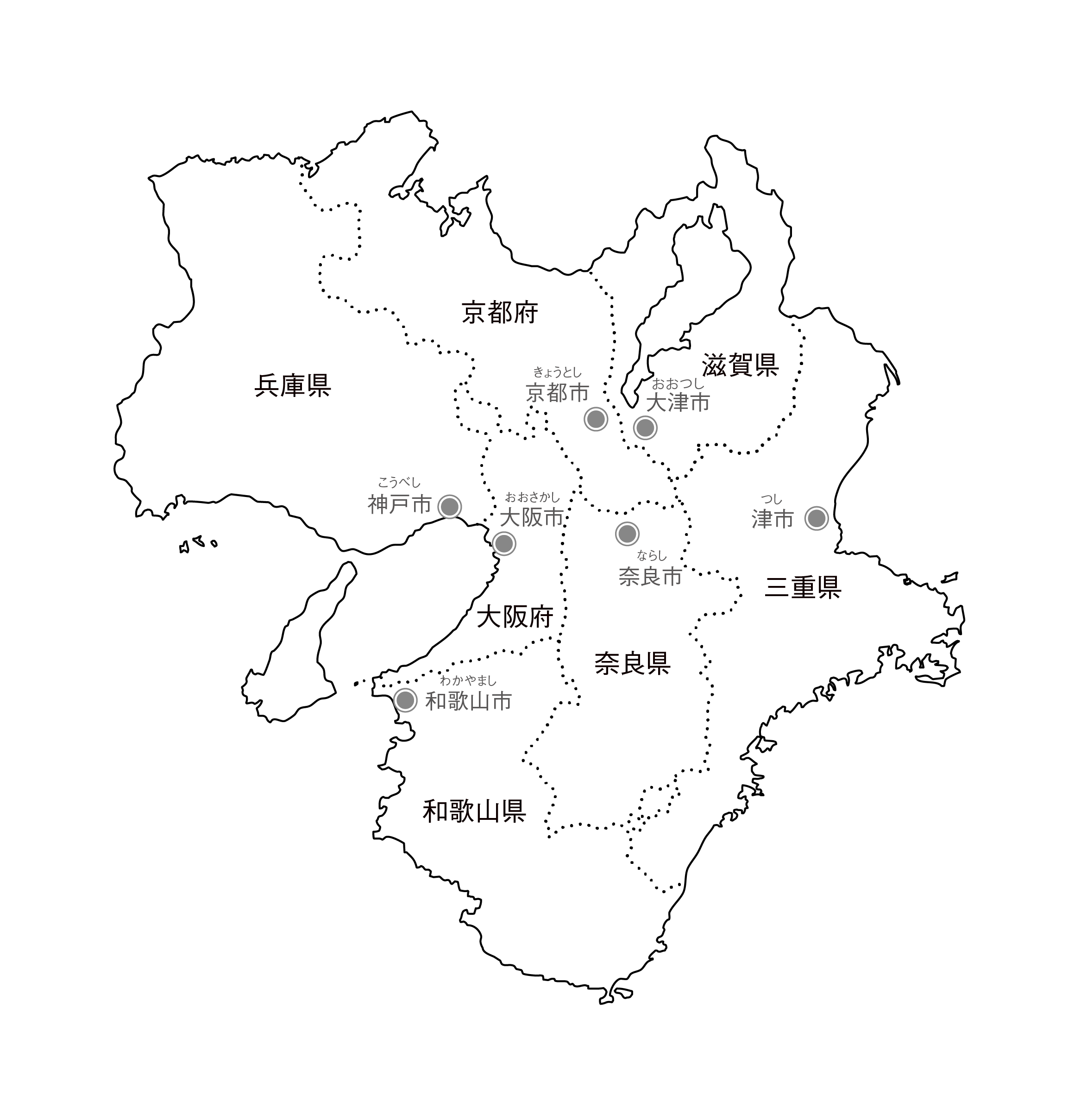 近畿地方の白地図イラスト無料素材集 県庁所在地 市区町村名あり