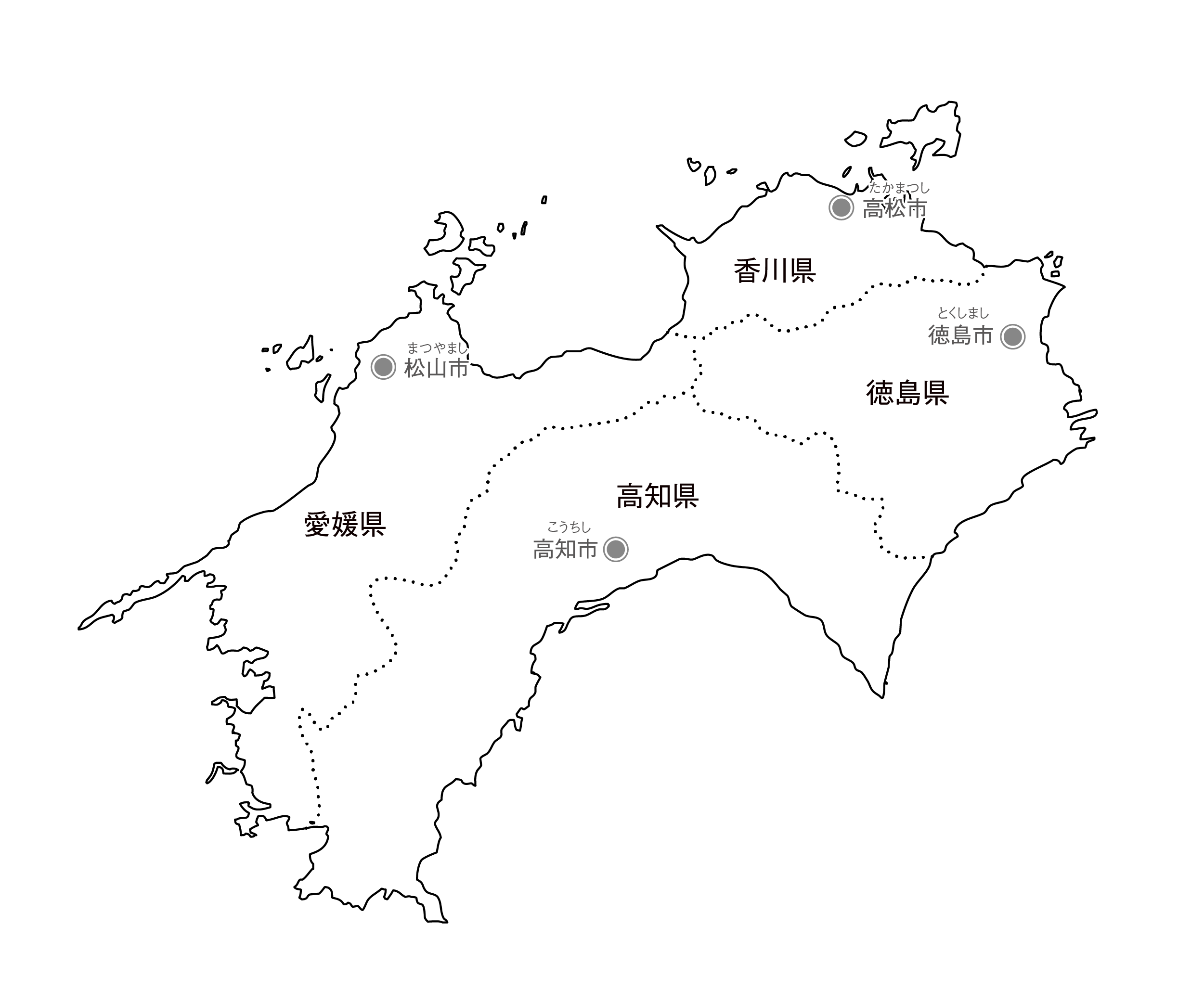 四国地方の白地図イラスト無料素材集 県庁所在地 市町村名あり