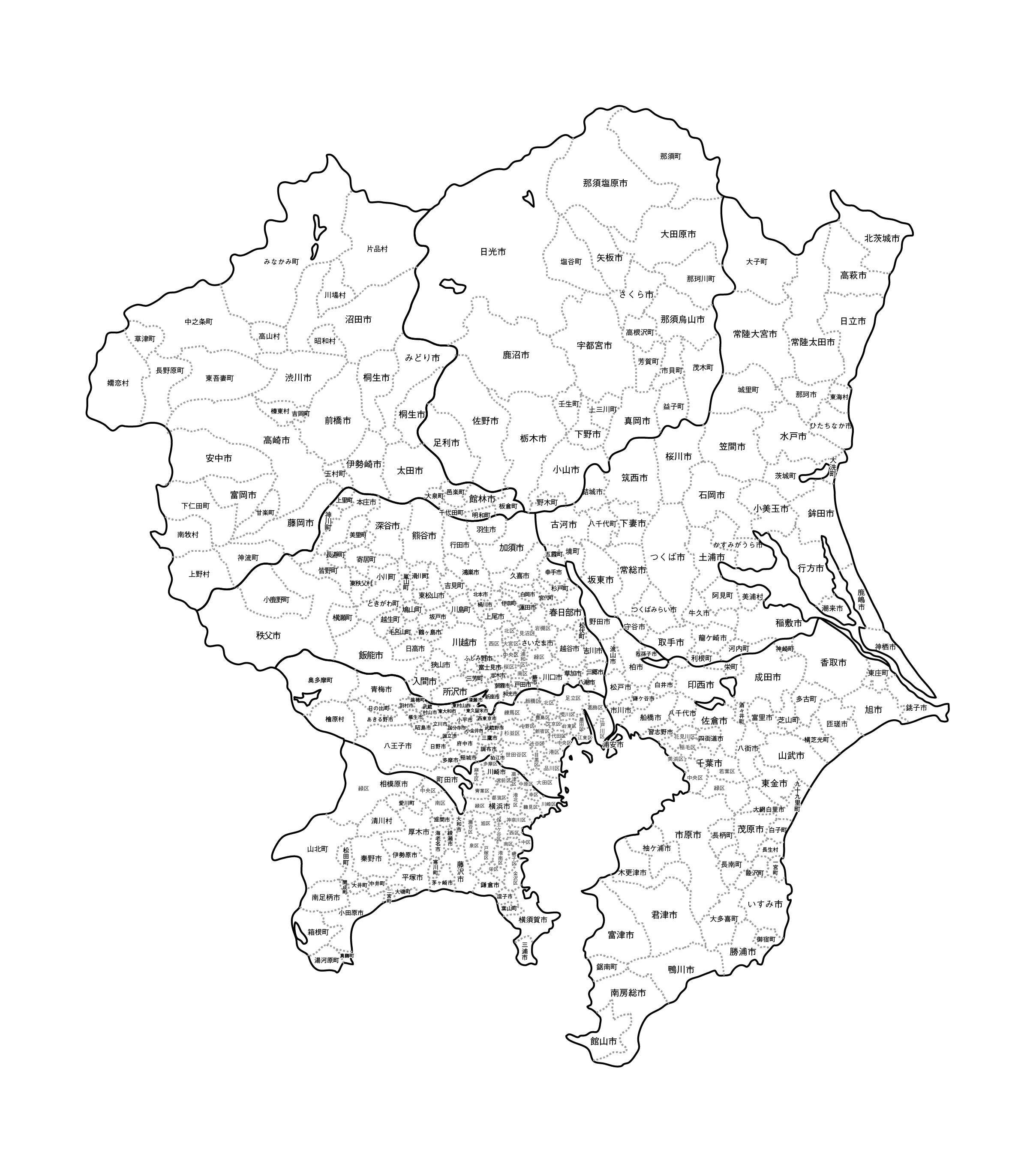 [白地図]関東・市区町村名あり