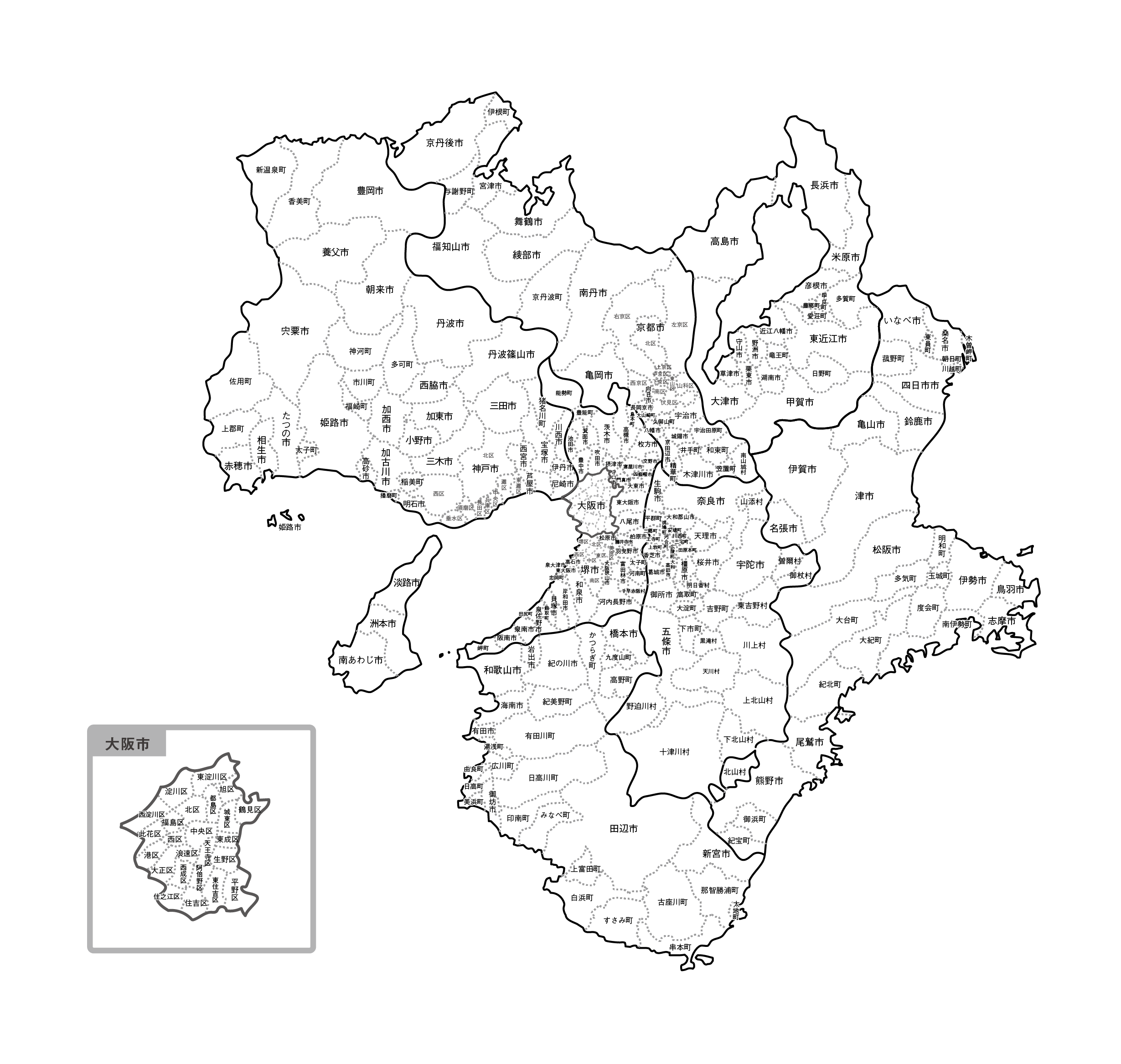 [白地図]近畿・市区町村名あり