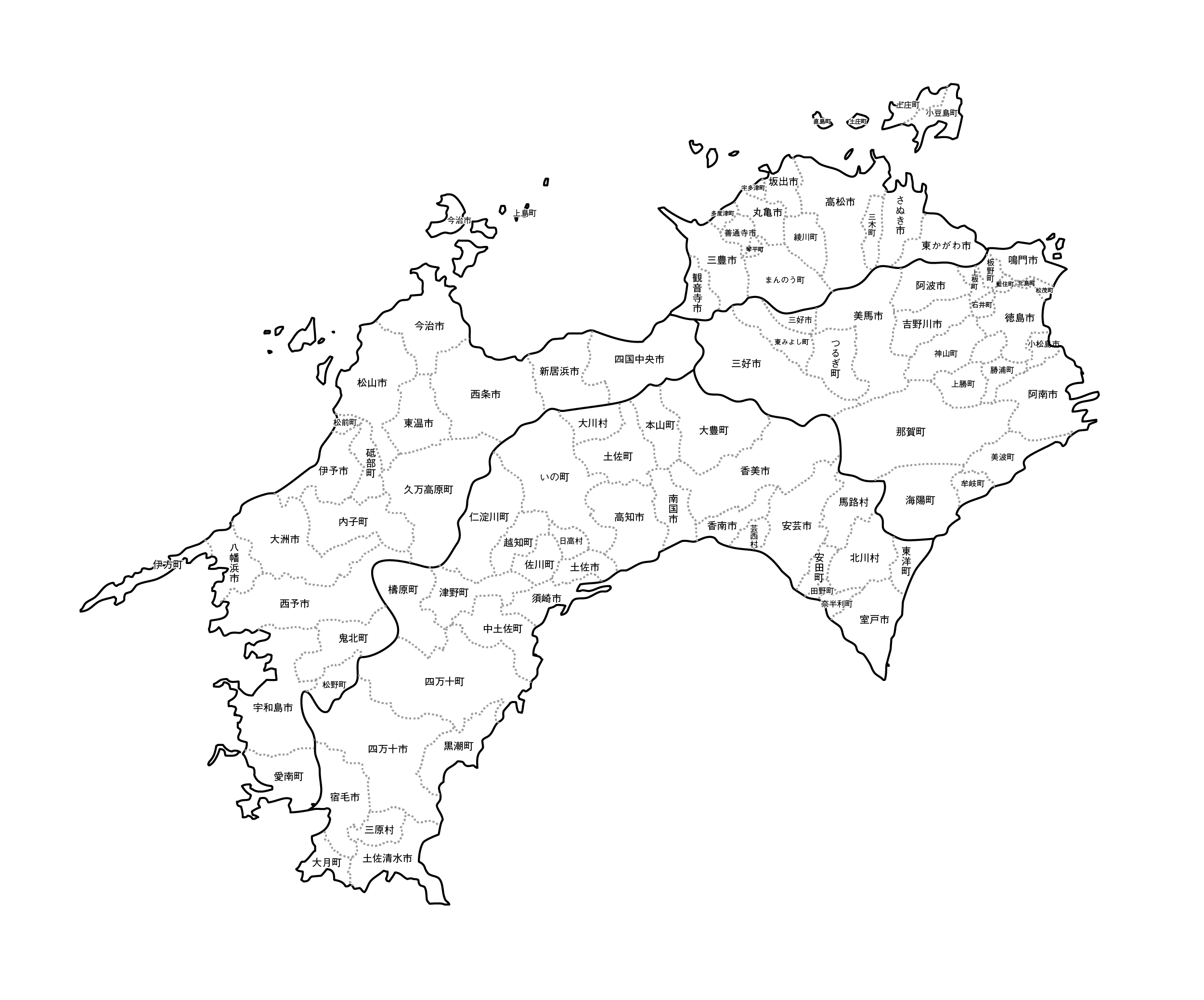 四国地方の白地図イラスト無料素材集 県庁所在地 市町村名あり