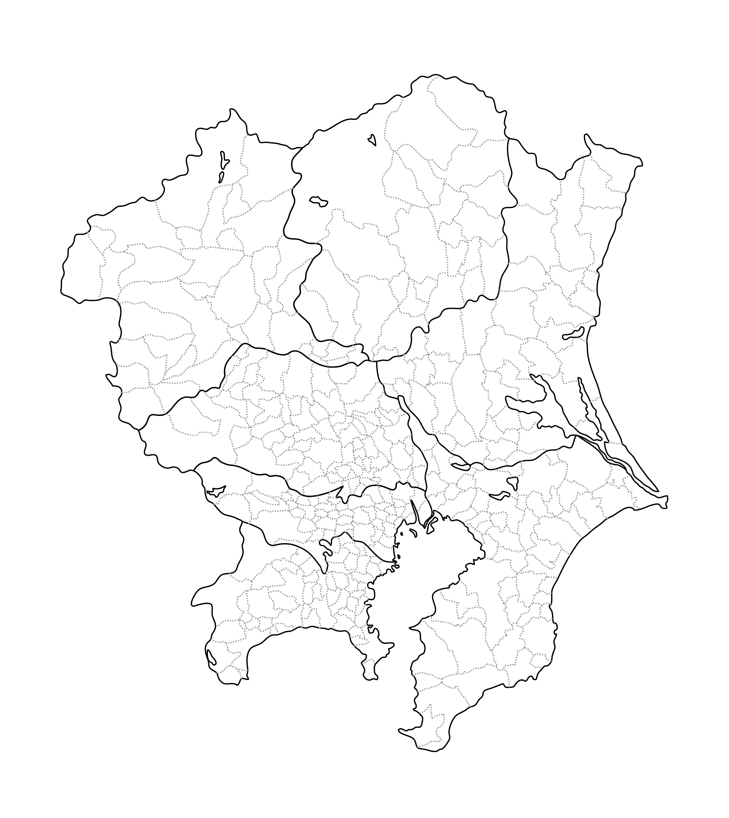 関東地方の白地図イラスト無料素材集 県庁所在地 市区町村名あり