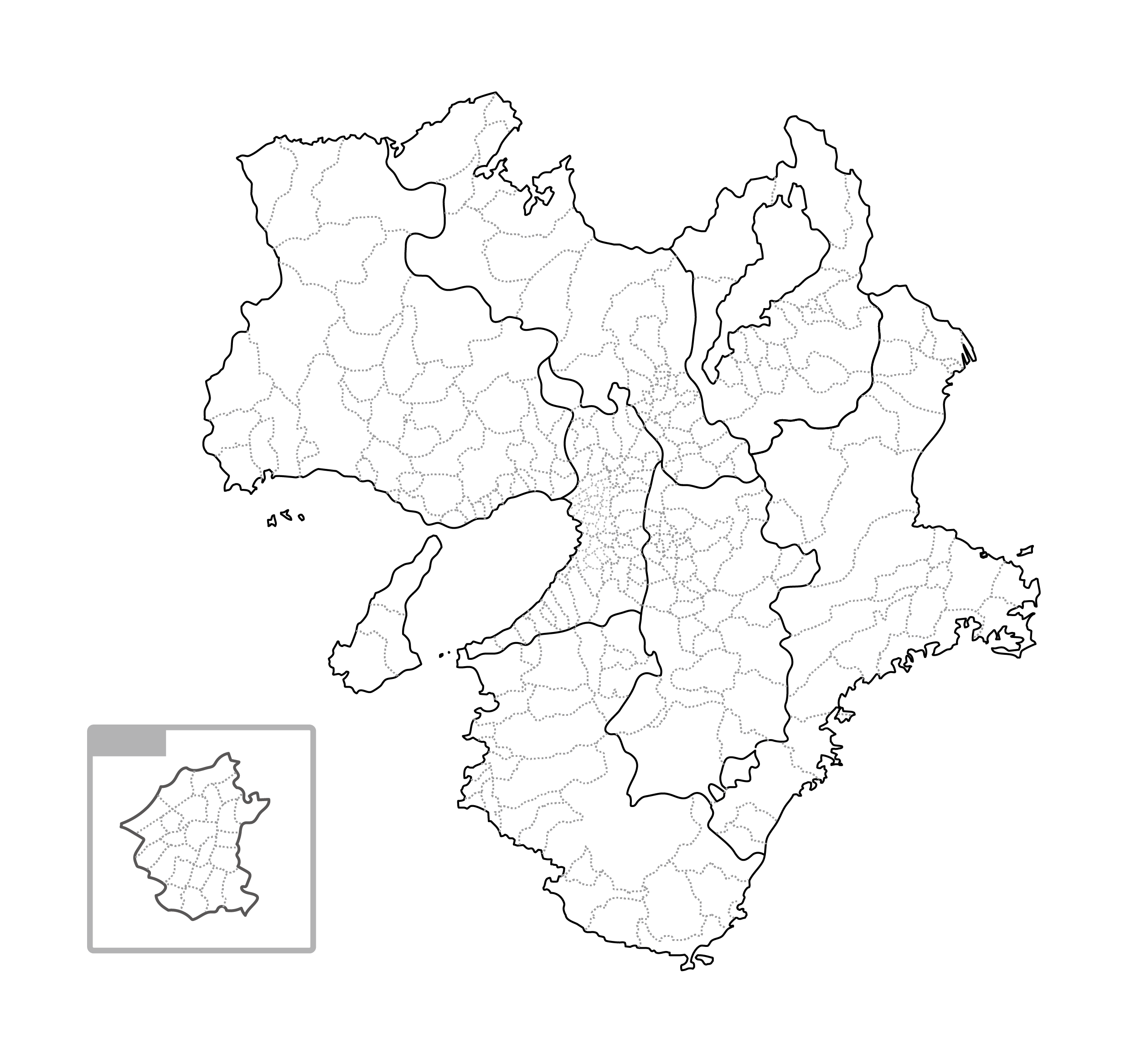 [白地図]近畿・市区町村ラインあり