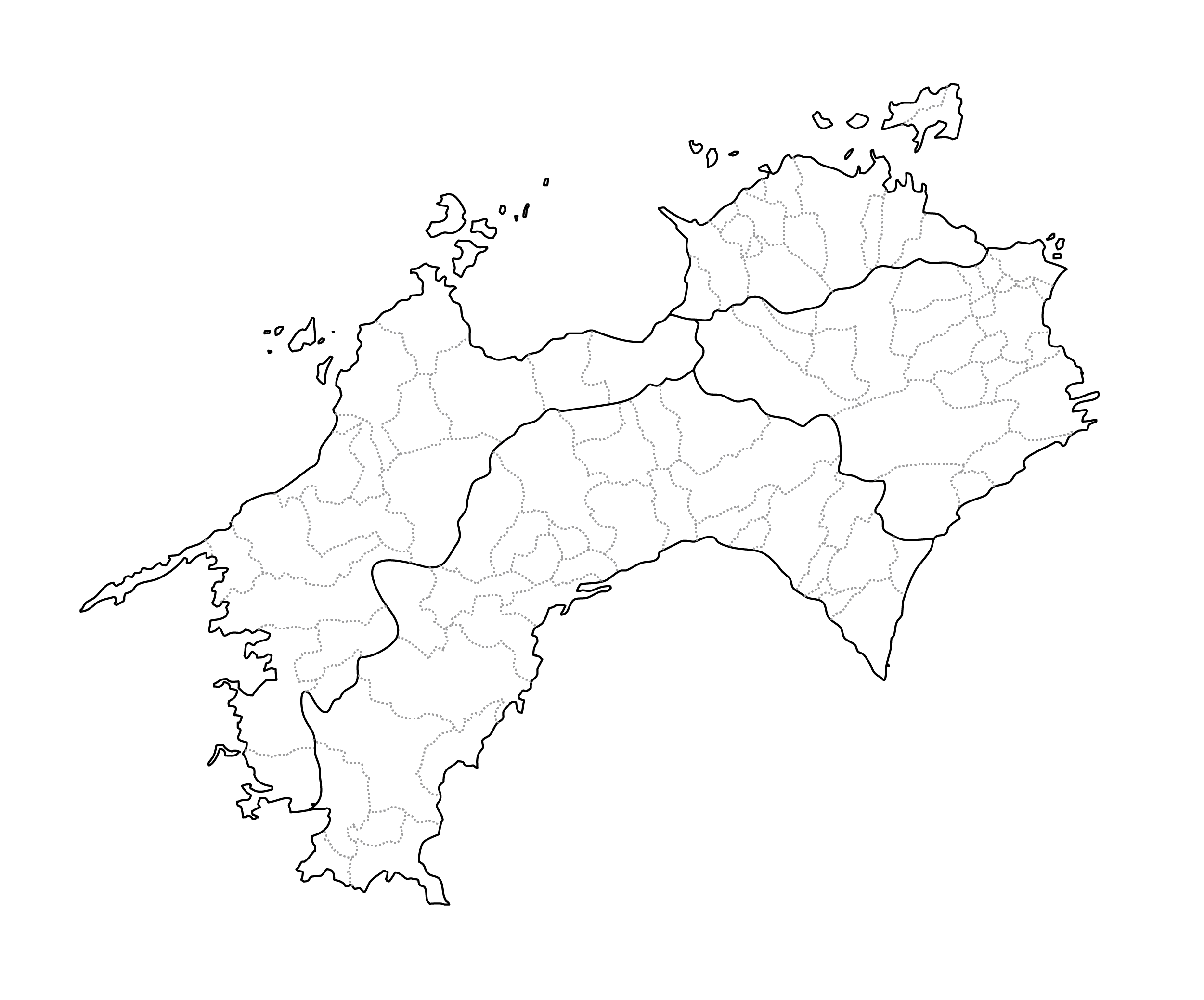 [白地図]四国・市区町村ラインあり