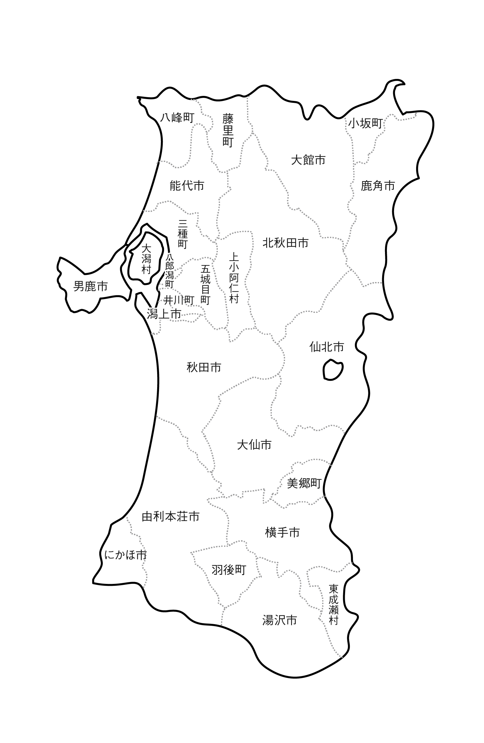 [白地図]秋田県・ラインあり・市区町村名あり