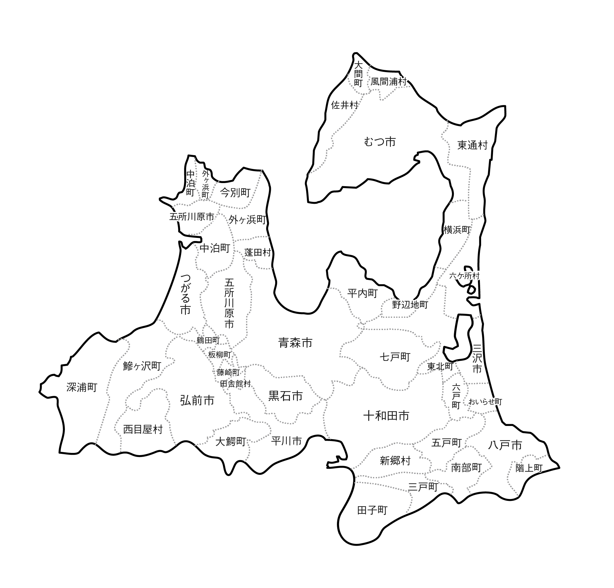 [白地図]青森県・ラインあり・市区町村名あり