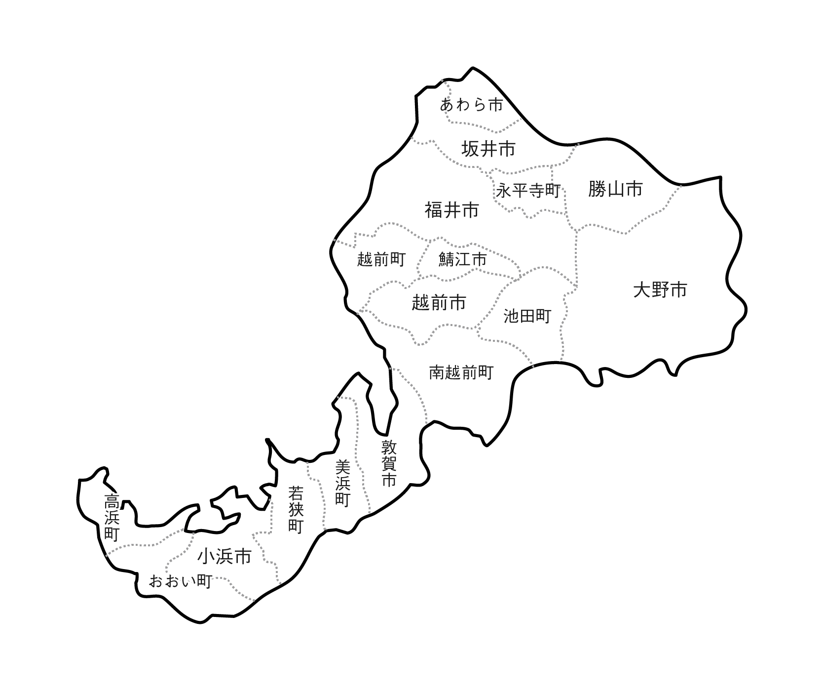 白地図・福井県・ラインあり・市区町村名あり