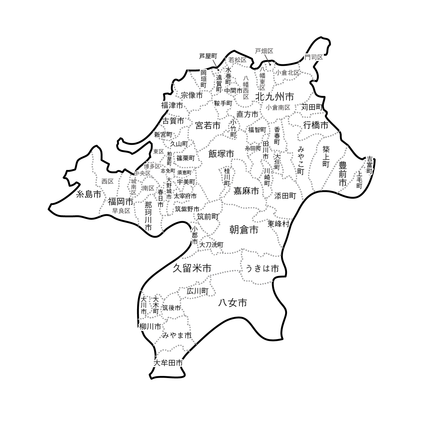 白地図・福岡県・ラインあり・市区町村名あり