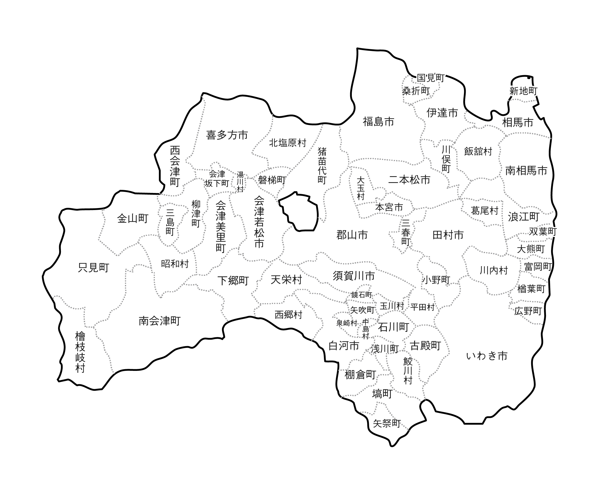 白地図・福島県・ラインあり・市区町村名あり