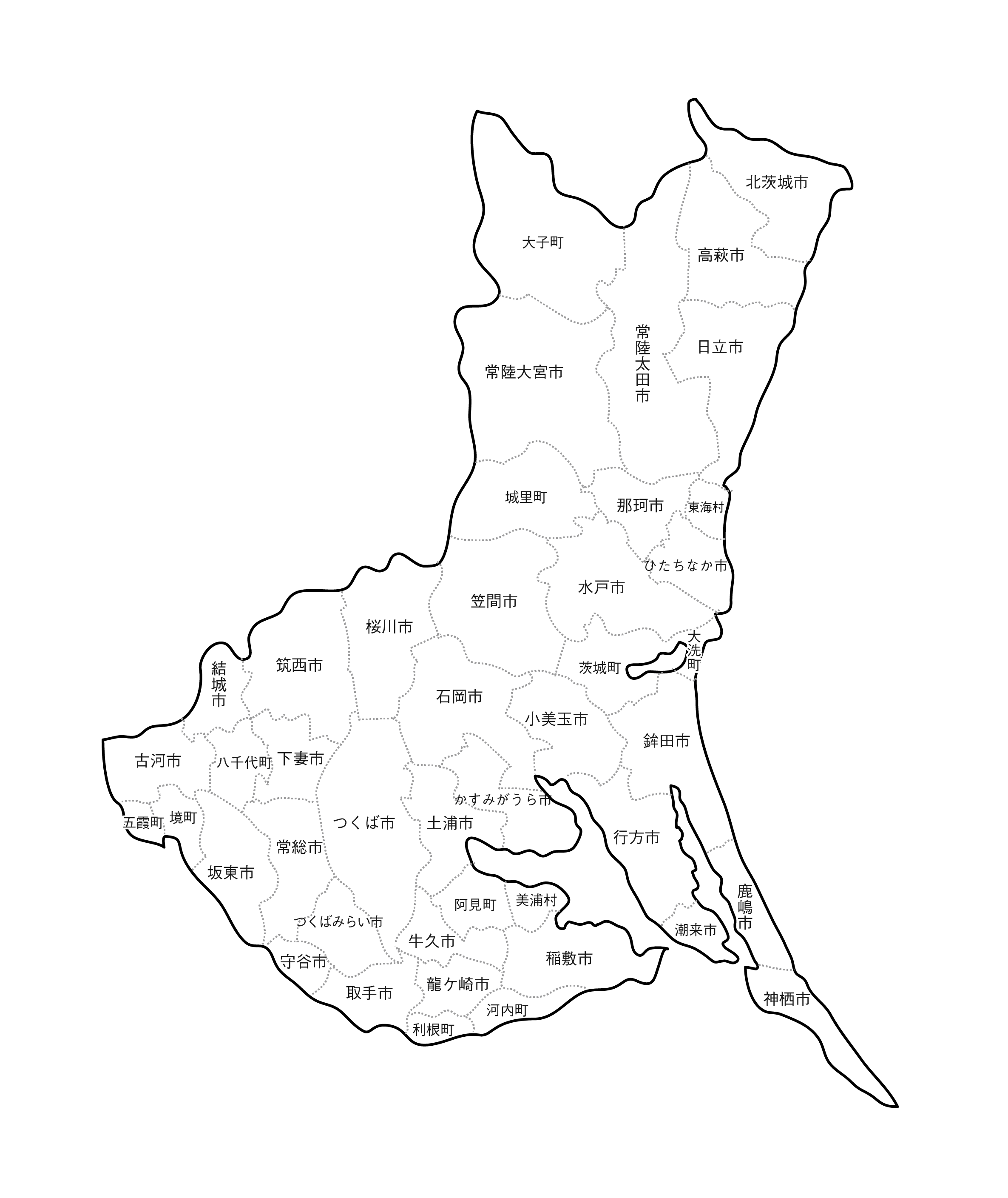 茨城県の白地図イラスト無料素材集 県庁所在地 市町村名あり