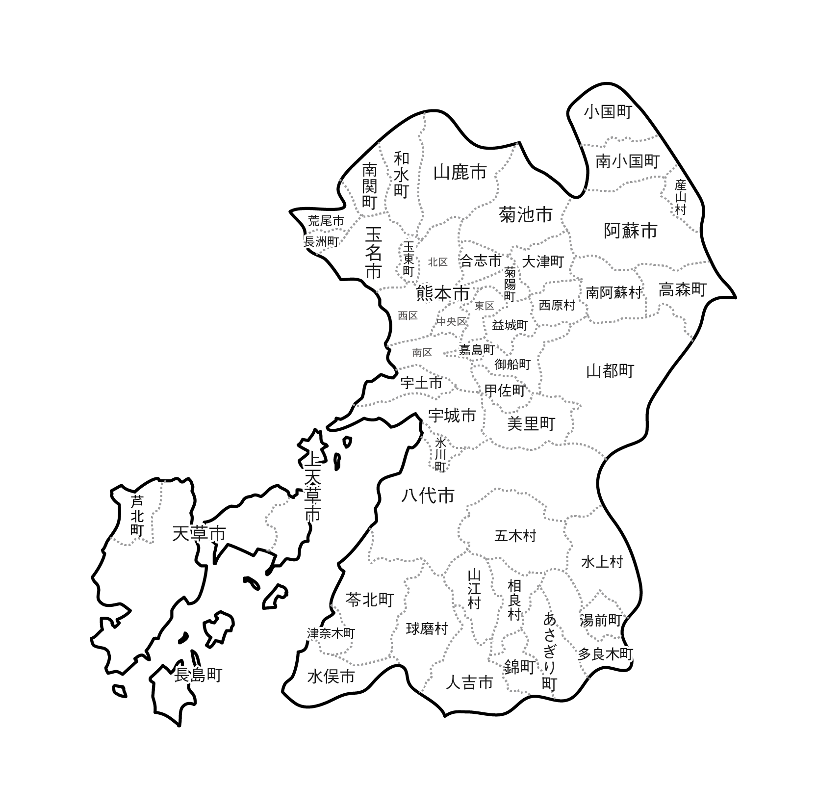 熊本県の白地図イラスト無料素材集 県庁所在地 市区町村名あり