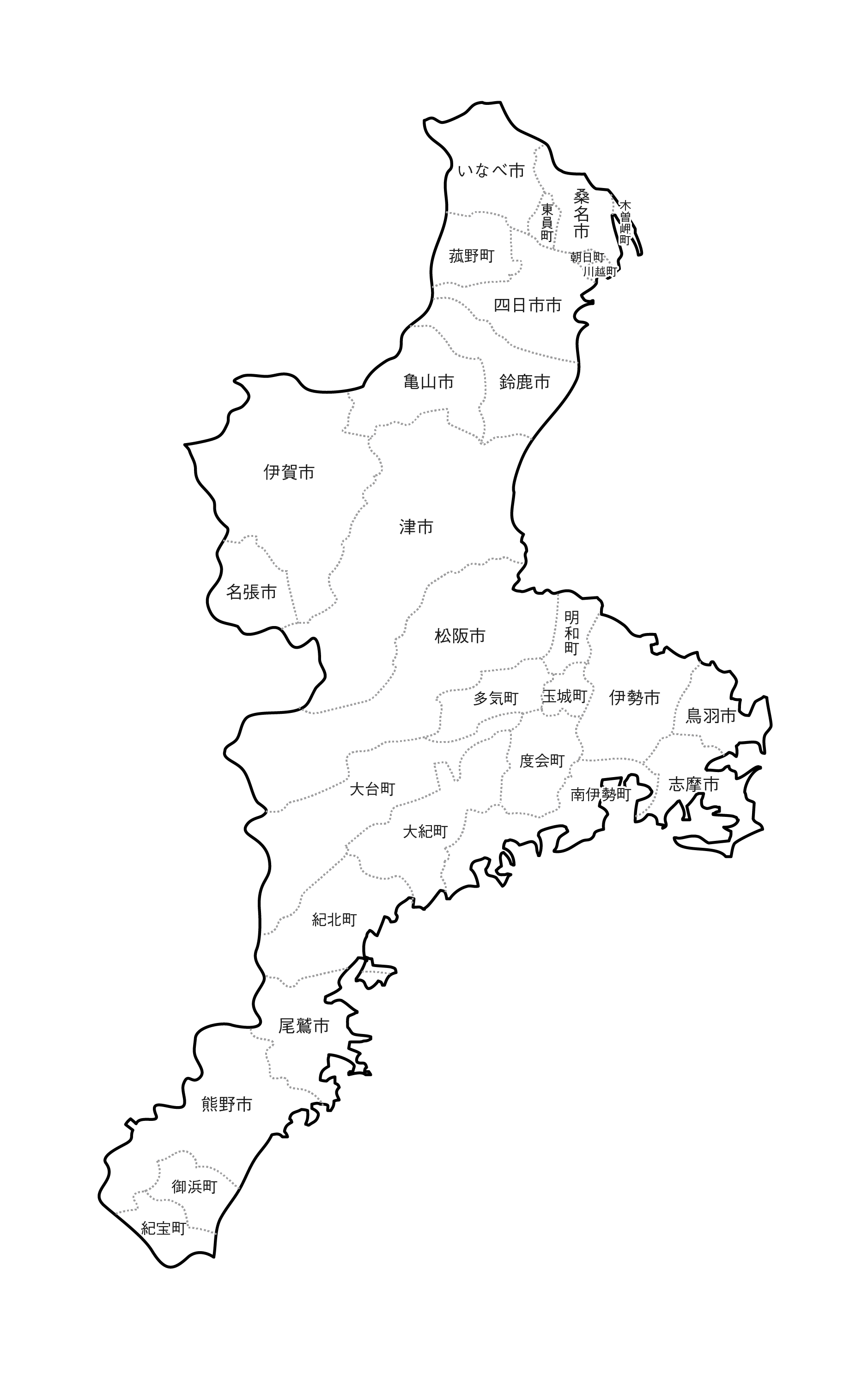 [白地図]三重県・ラインあり・市区町村名あり