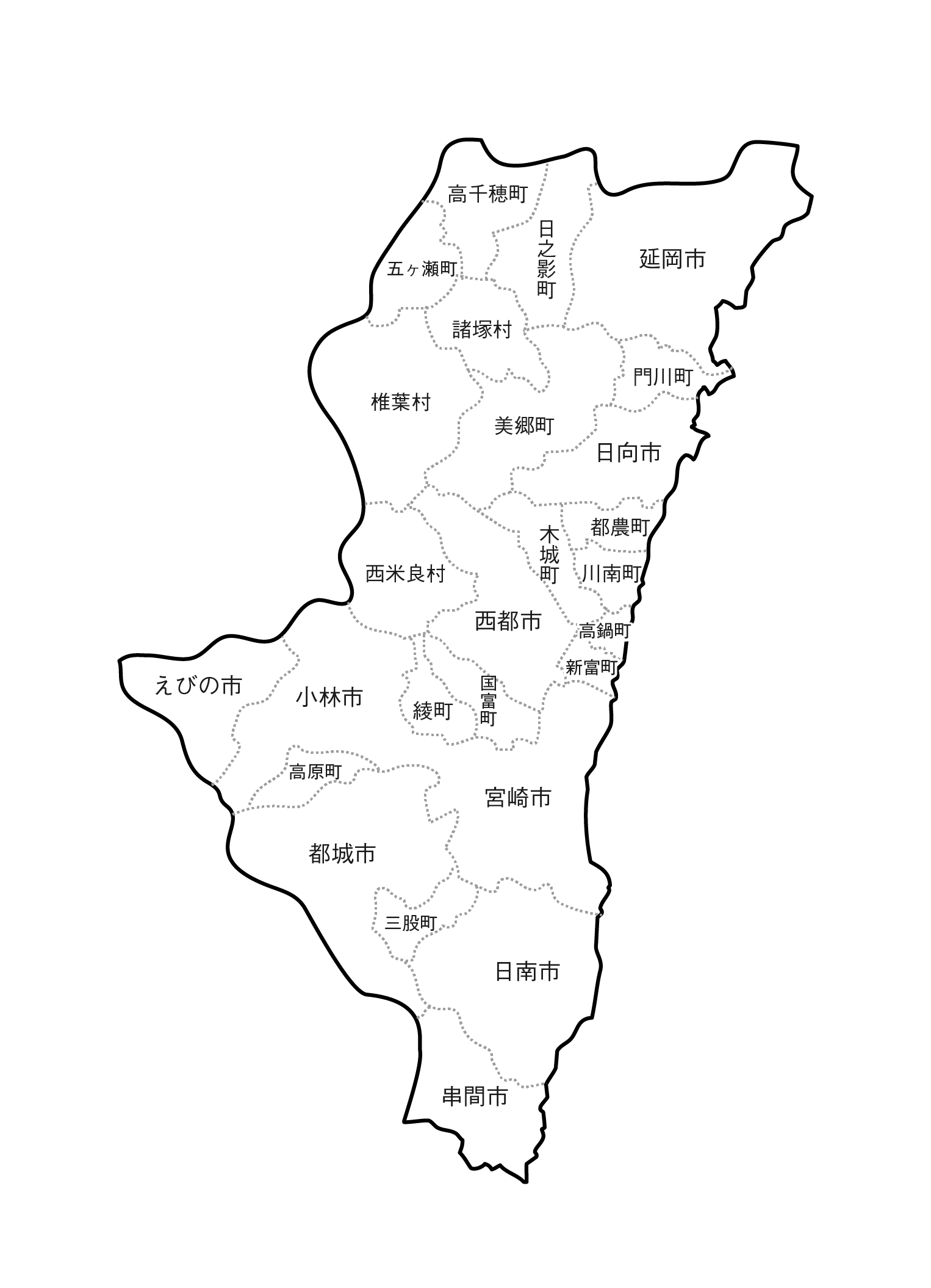 白地図・宮崎県・ラインあり・市区町村名あり