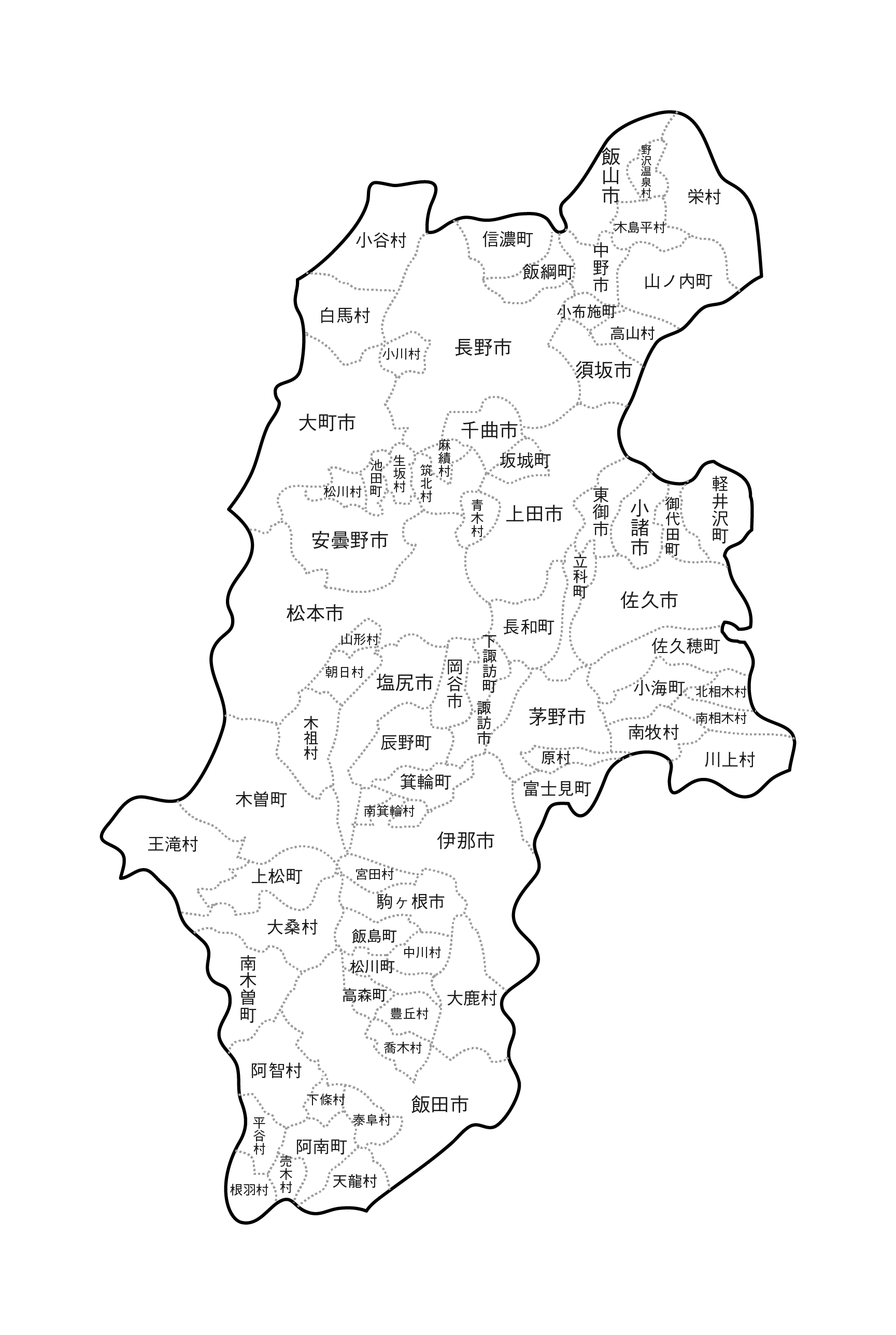 長野県の白地図イラスト無料素材集 県庁所在地 市町村名あり