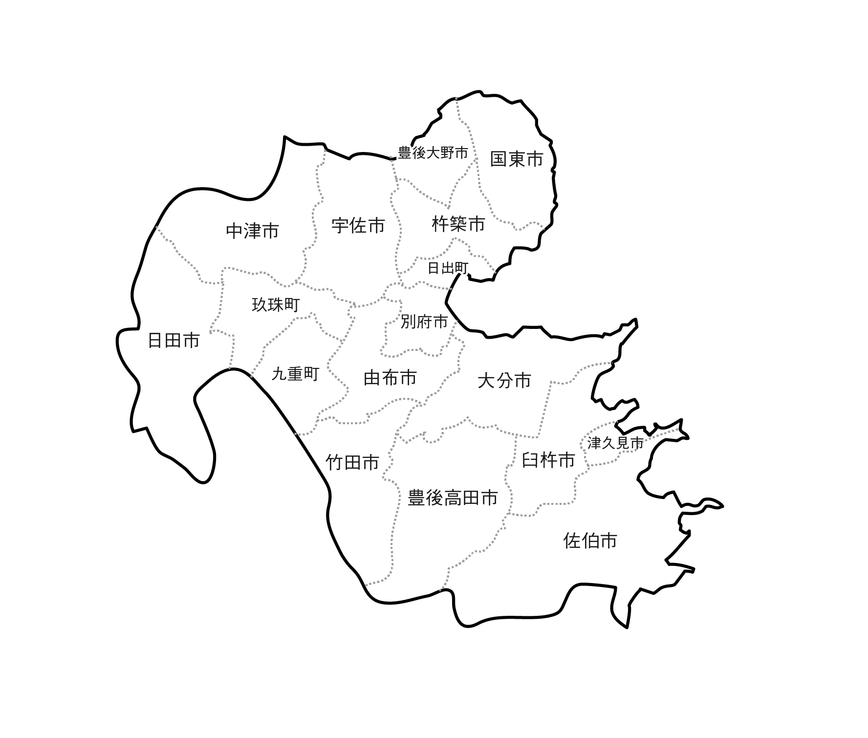 大分県の白地図イラスト無料素材集 県庁所在地 市町村名あり