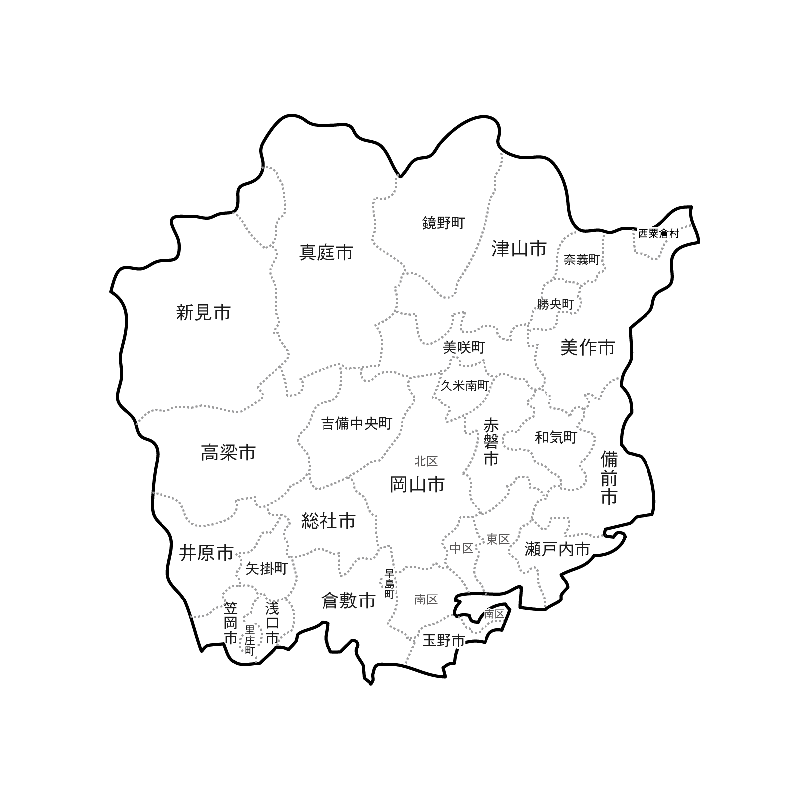 白地図フリーイラスト｜岡山県・ラインあり・市区町村名あり