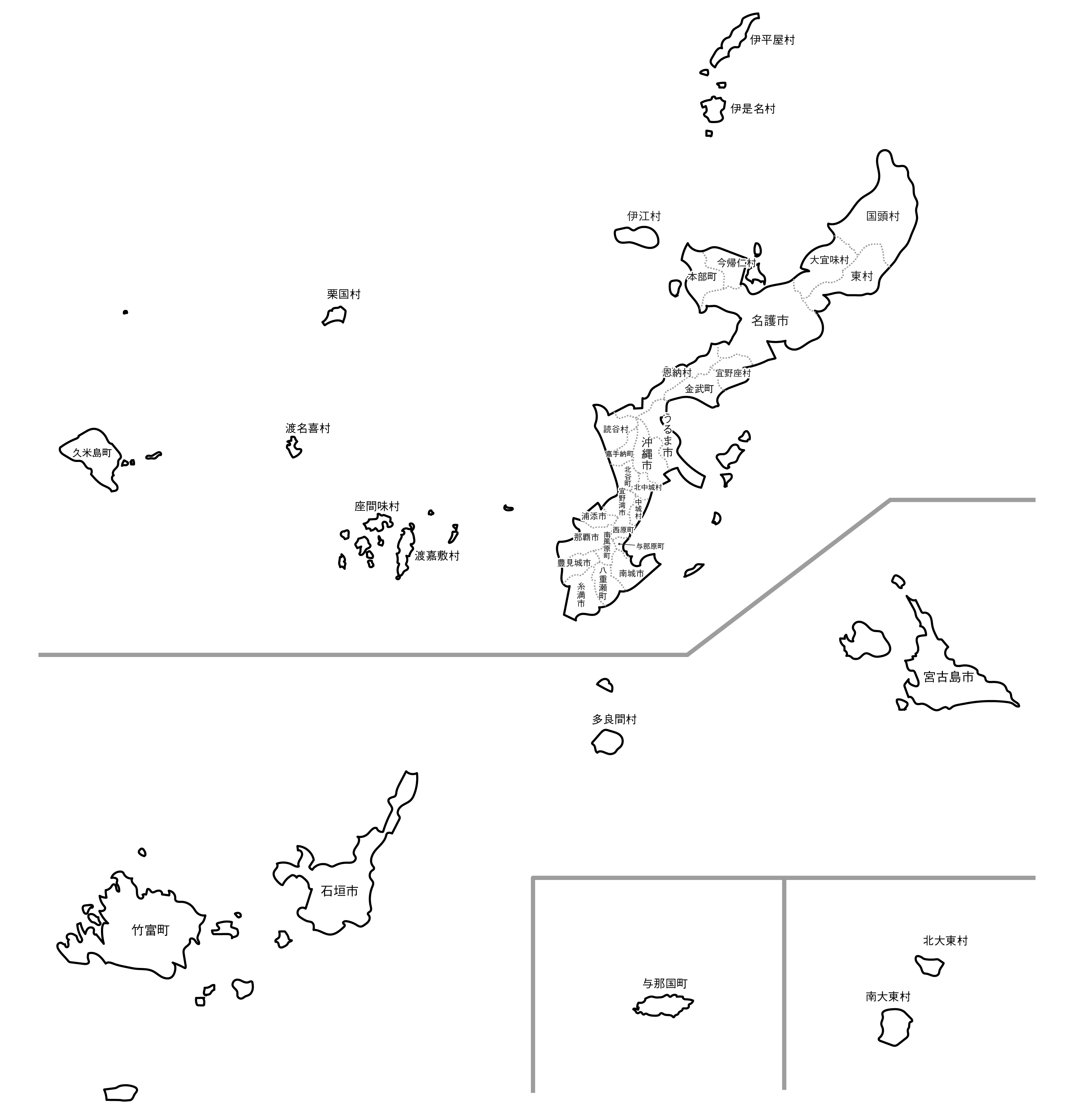 白地図・沖縄県・ラインあり・市区町村名あり