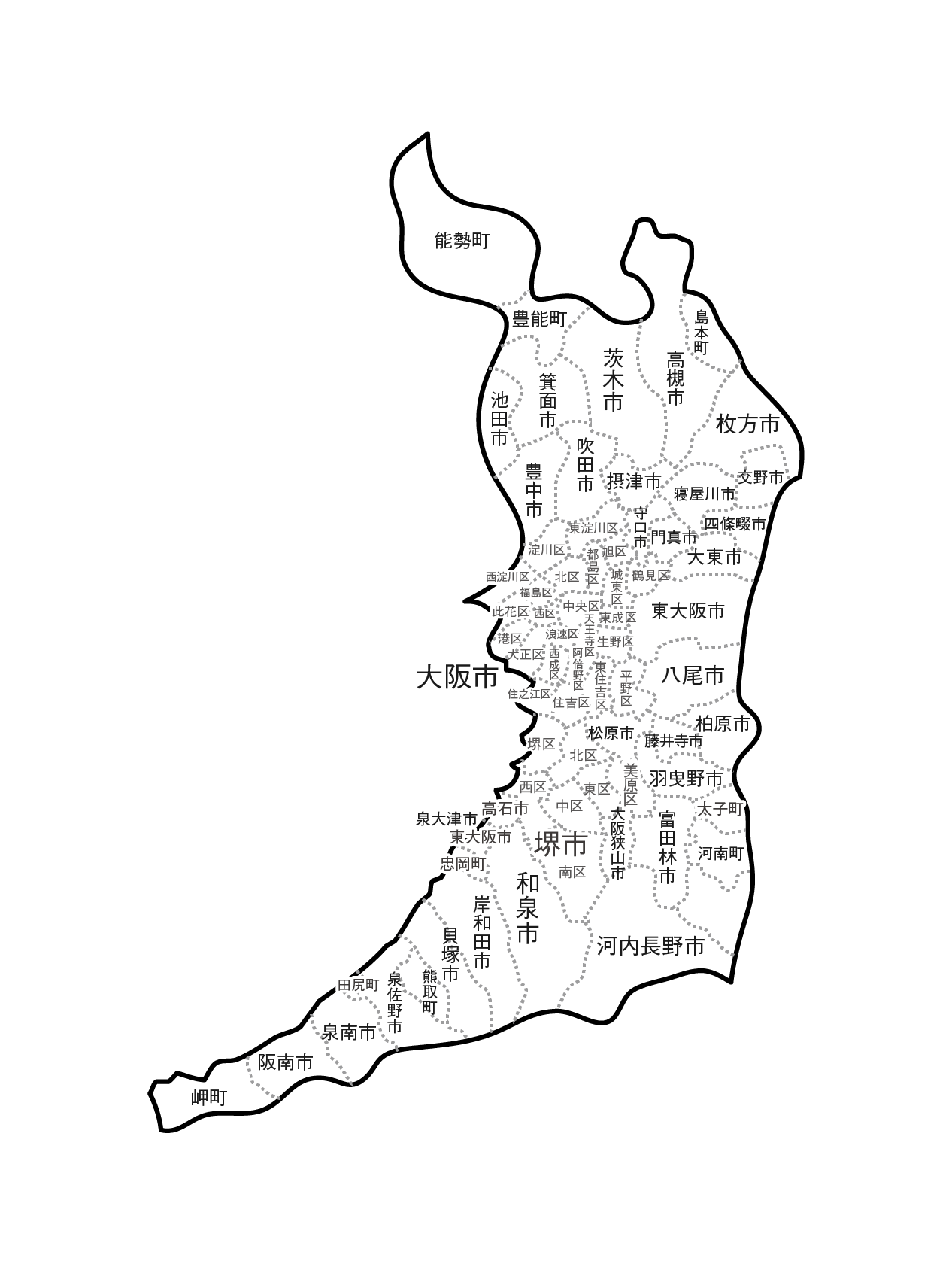 [白地図]大阪府・ラインあり・市区町村名あり