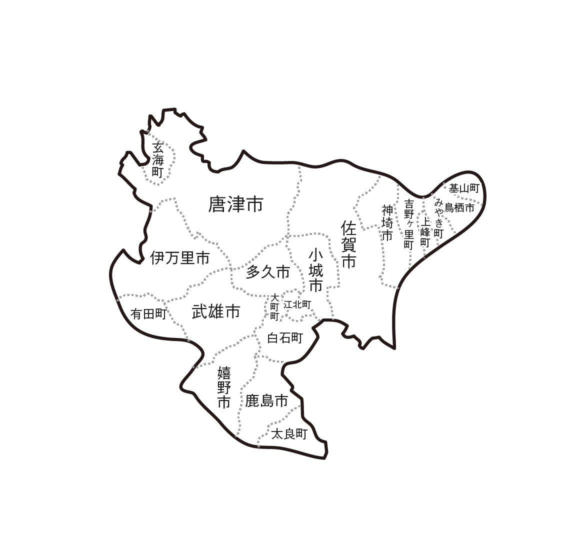 佐賀県の白地図イラスト無料素材集 県庁所在地 市町村名あり