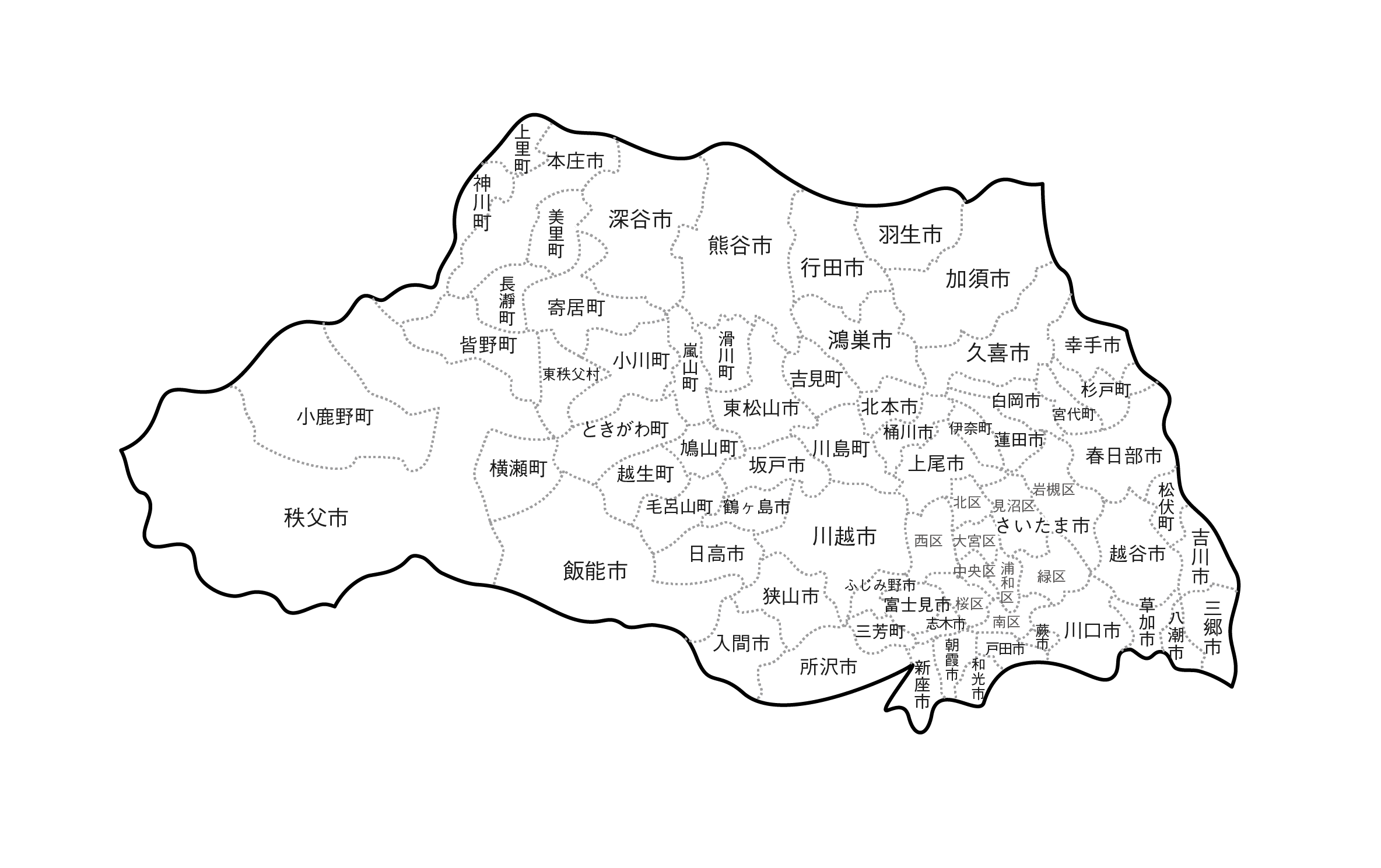 白地図・埼玉県・ラインあり・市区町村名あり