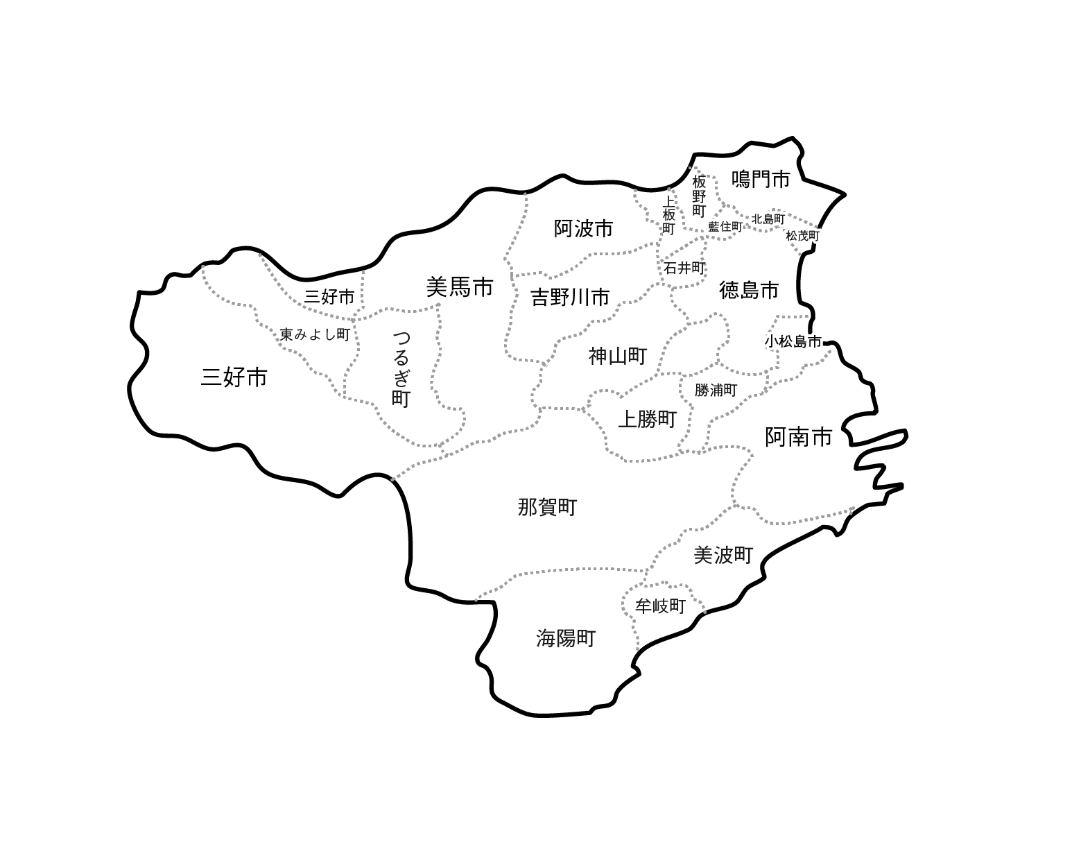 白地図・徳島県・ラインあり・市区町村名あり