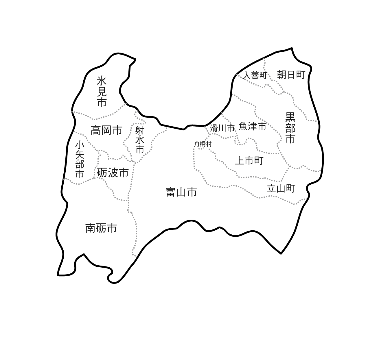 白地図・富山県・ラインあり・市区町村名あり