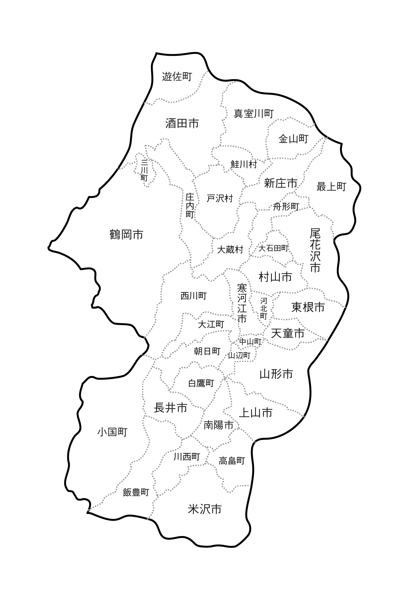 [白地図]山形県・ラインあり・市区町村名あり