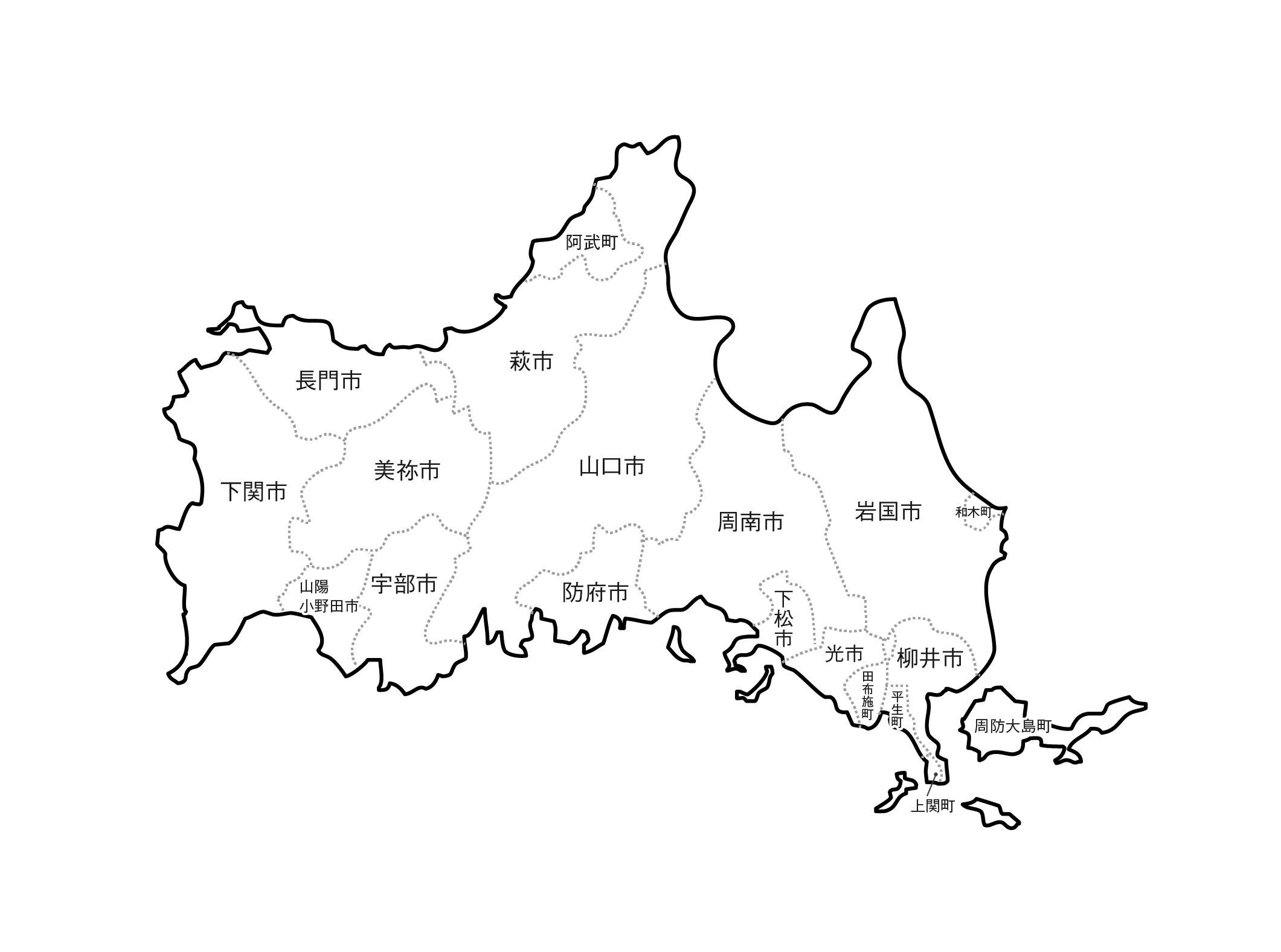 白地図・山口県・ラインあり・市区町村名あり