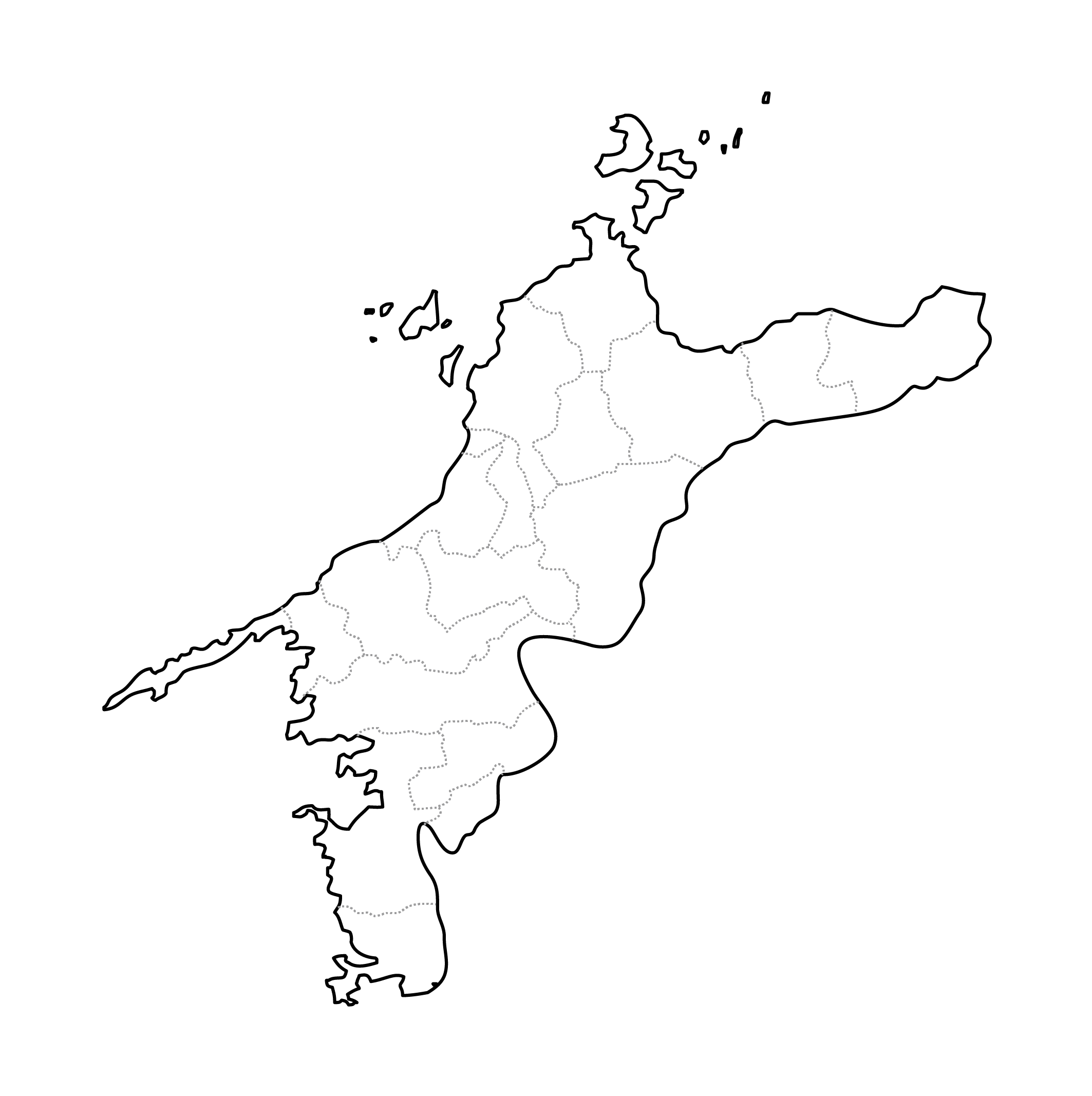 [白地図]愛媛県・ラインあり・市区町村名なし