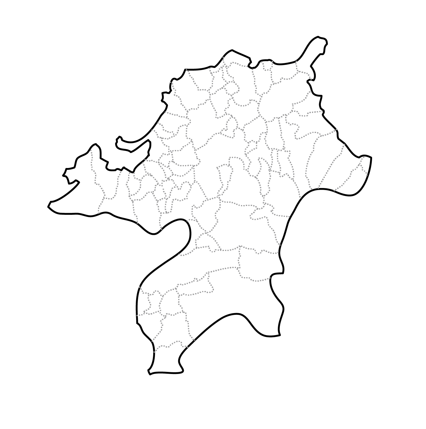 [白地図]福岡県・ラインあり・市区町村名なし