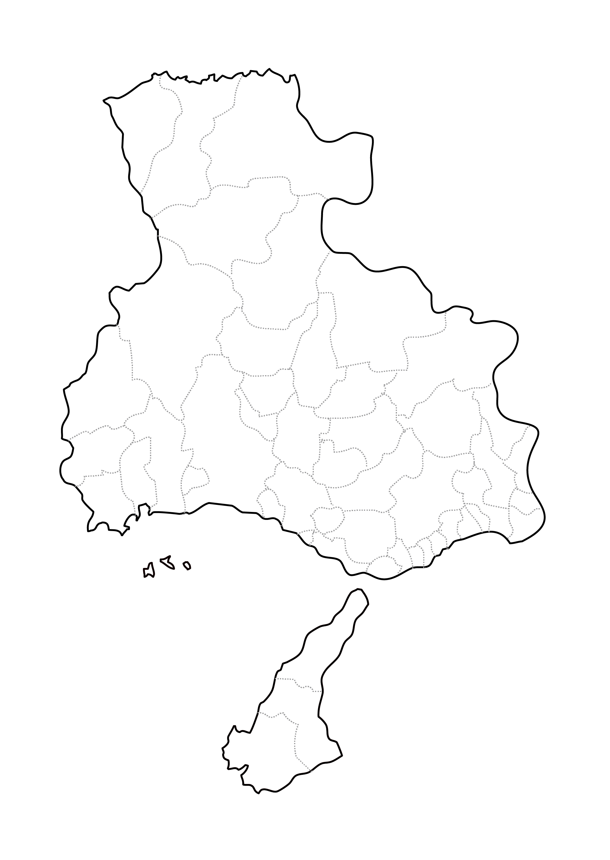 [白地図]兵庫県・ラインあり・市区町村名なし