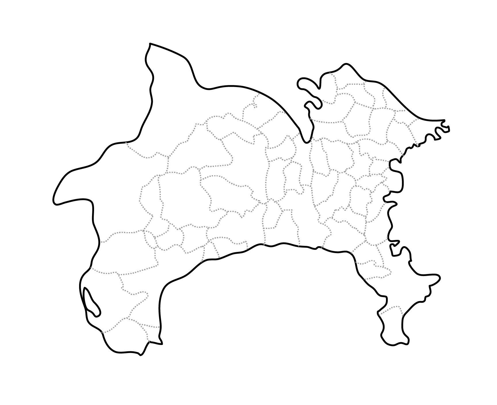 白地図フリーイラスト｜神奈川県・ラインあり・市区町村名なし