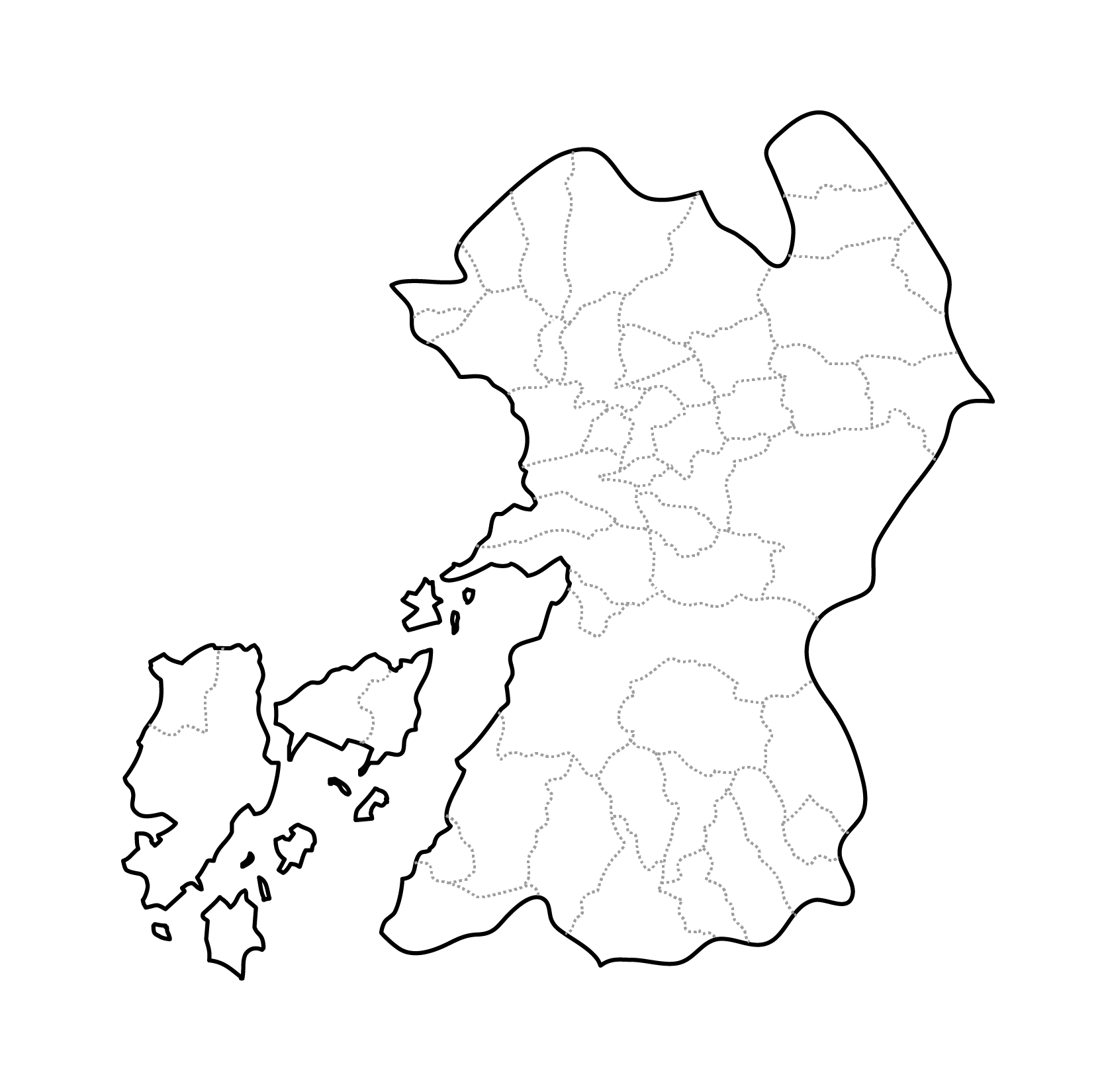 [白地図]熊本県・ラインあり・市区町村名なし