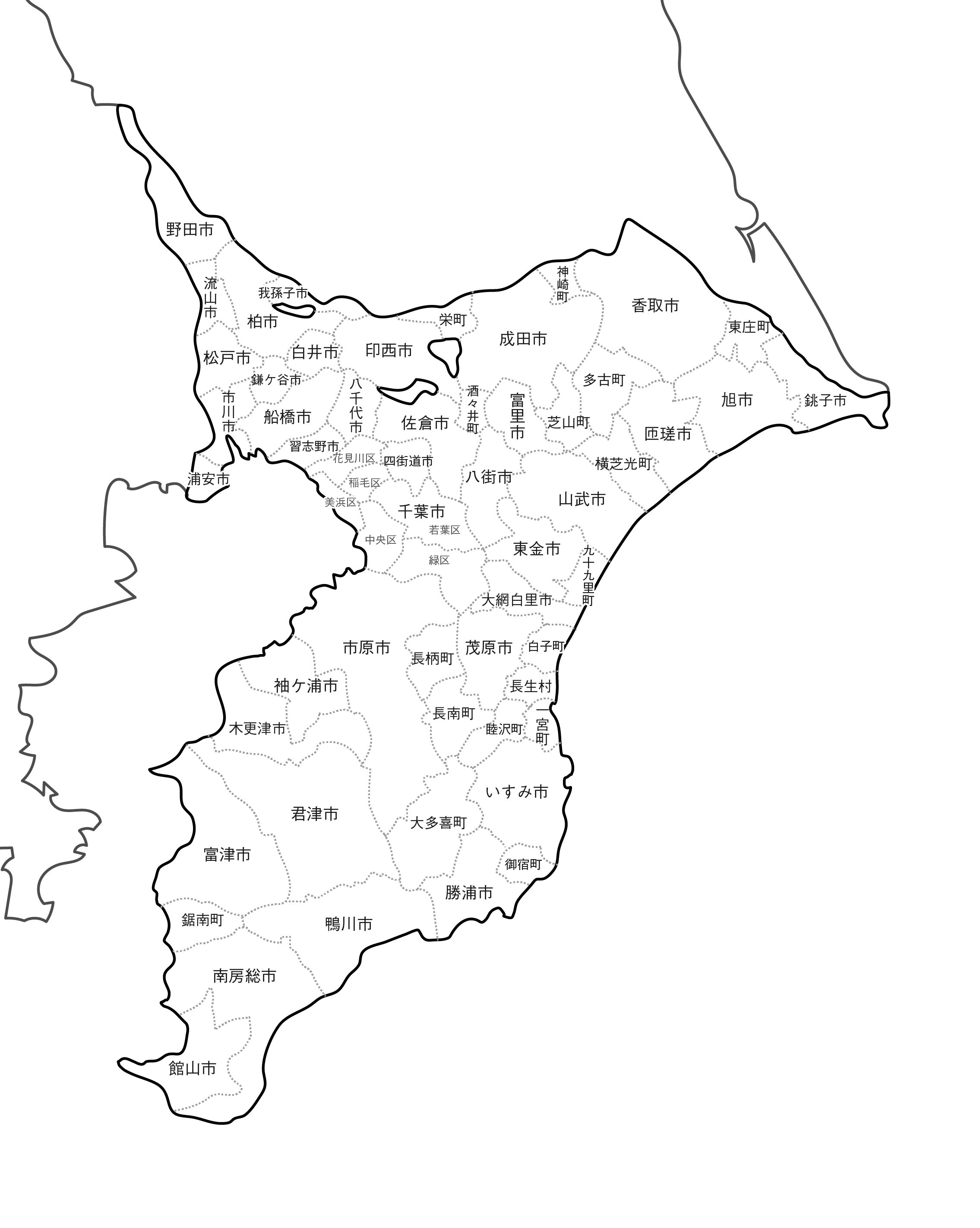 [白地図]千葉県・ラインあり・市区町村名あり・隣県あり