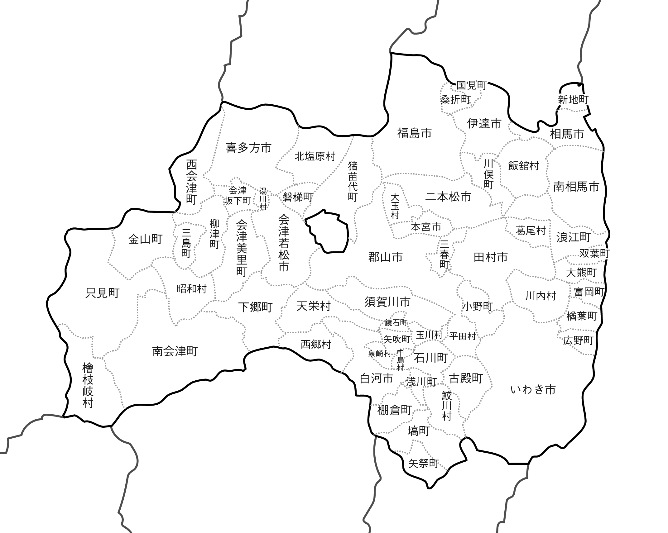 [白地図]福島県・ラインあり・市区町村名あり・隣県あり