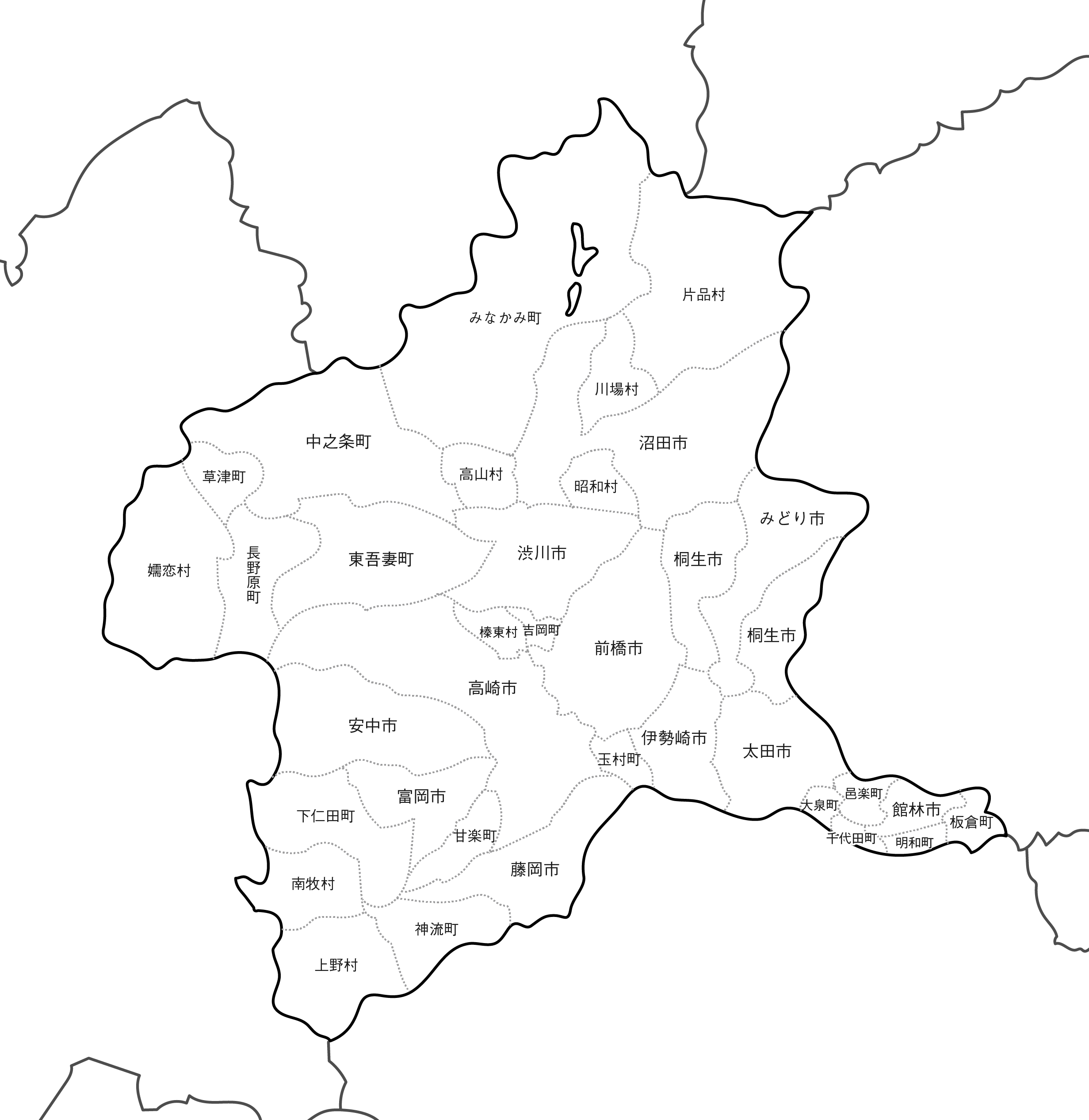 白地図フリーイラスト｜群馬県・ラインあり・市区町村名あり・隣県あり