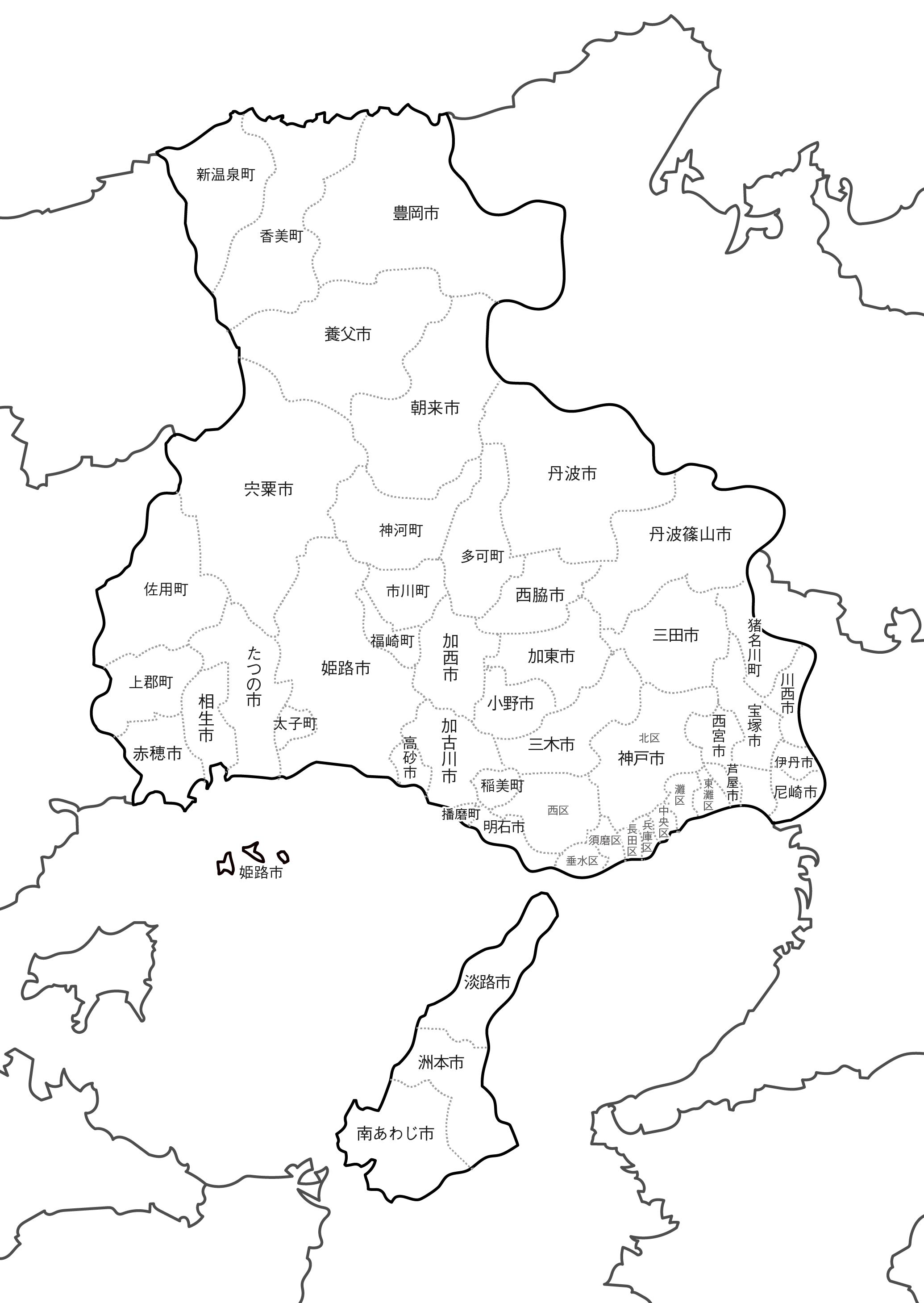 [白地図]兵庫県・ラインあり・市区町村名あり・隣県あり