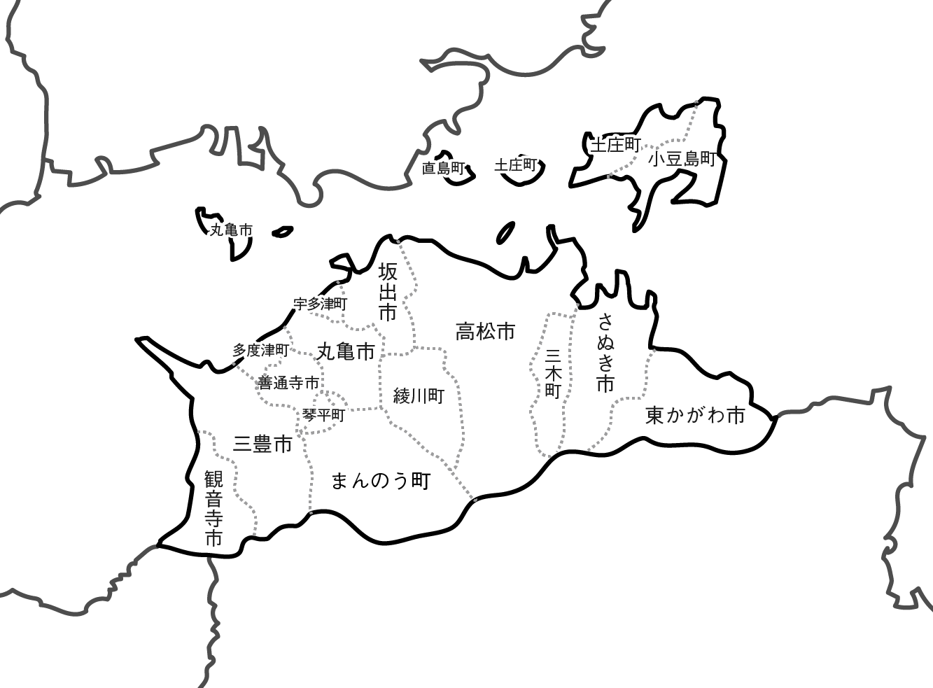 [白地図]香川県・ラインあり・市区町村名あり・隣県あり