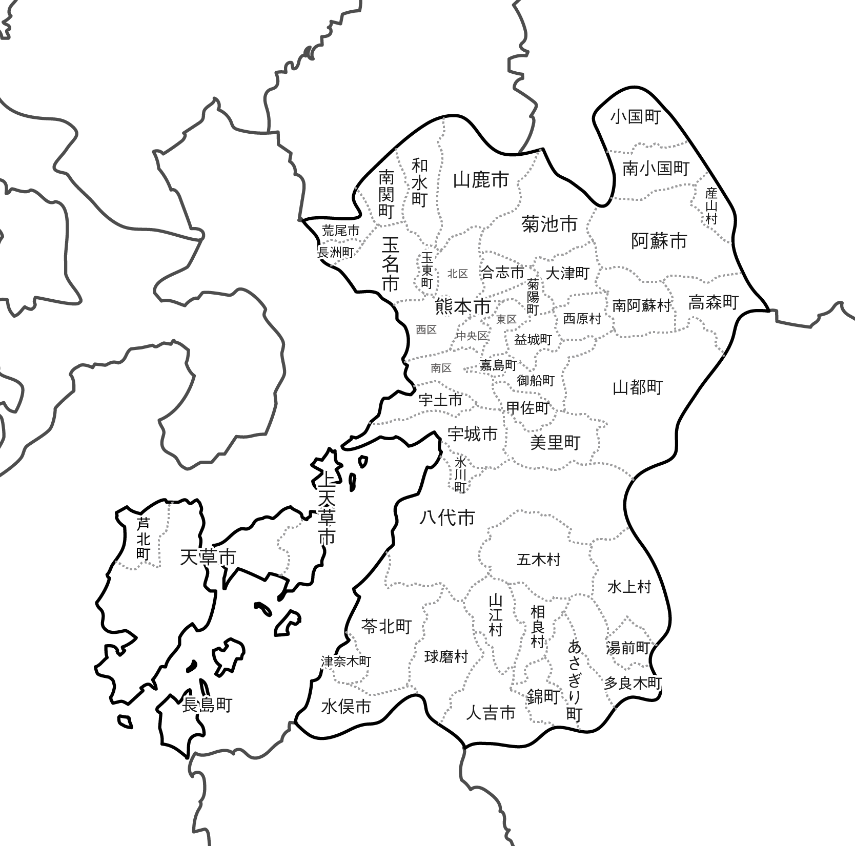 [白地図]熊本県・ラインあり・市区町村名あり・隣県あり