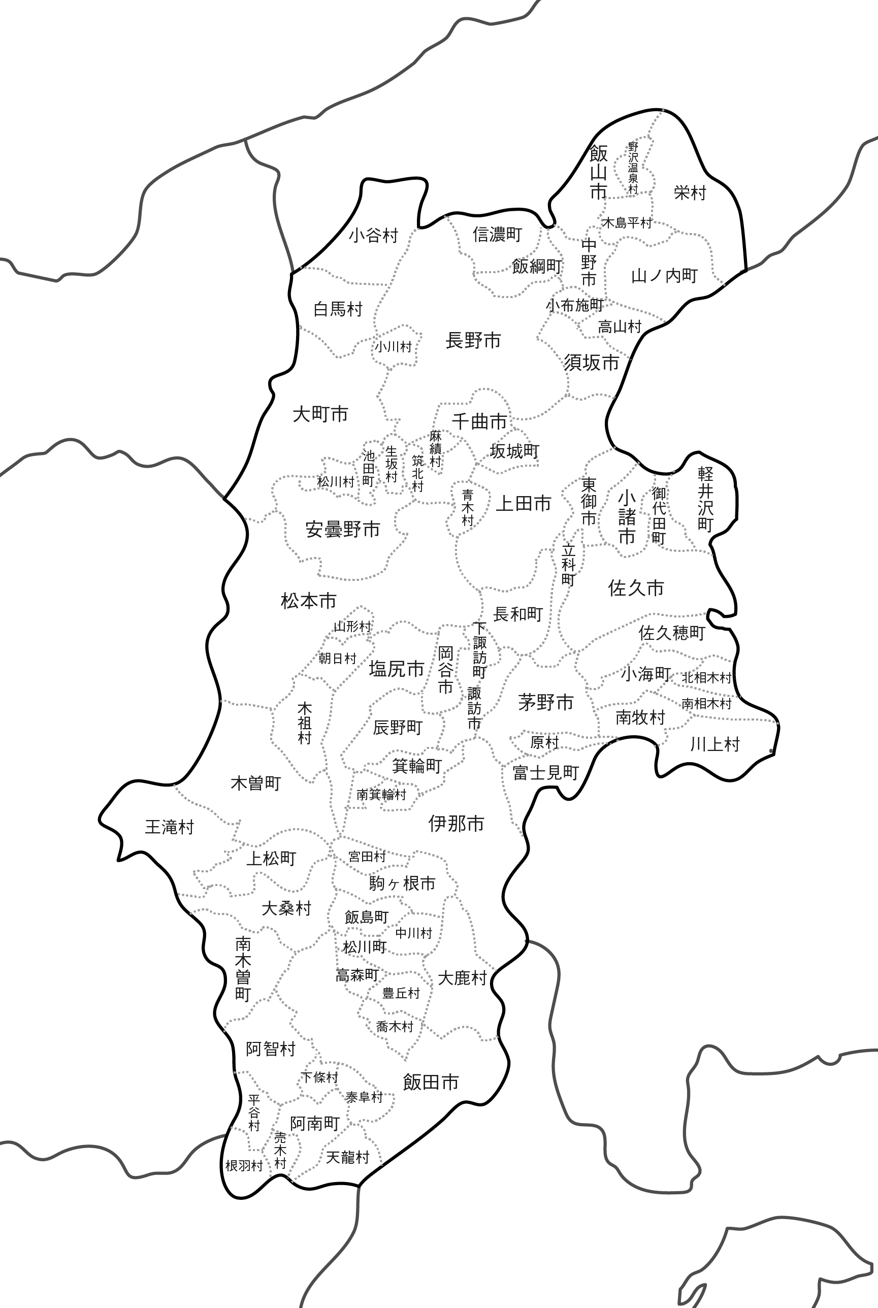 白地図フリーイラスト｜長野県・ラインあり・市区町村名あり・隣県あり