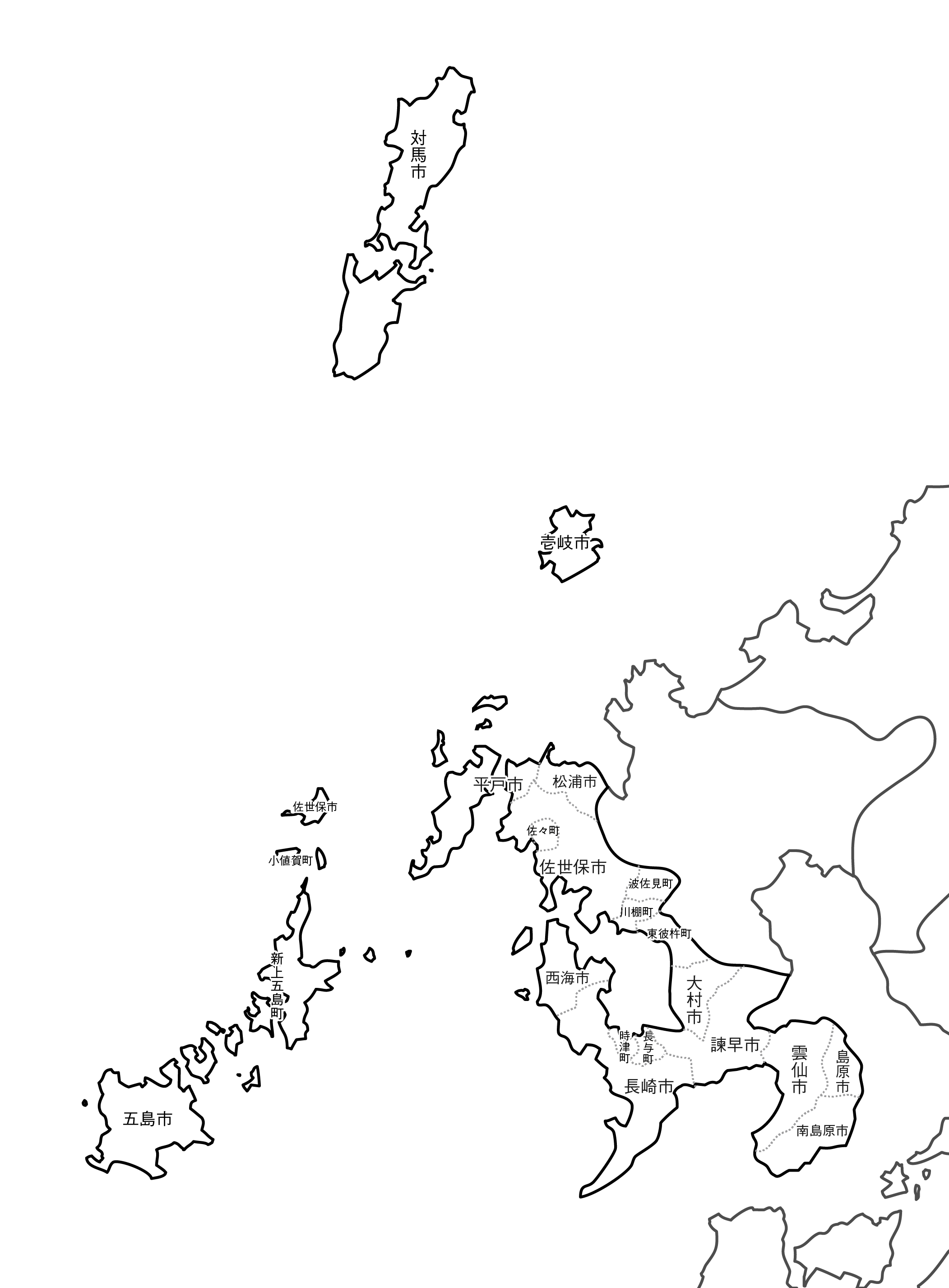 白地図フリーイラスト｜長崎県・ラインあり・市区町村名あり・隣県あり