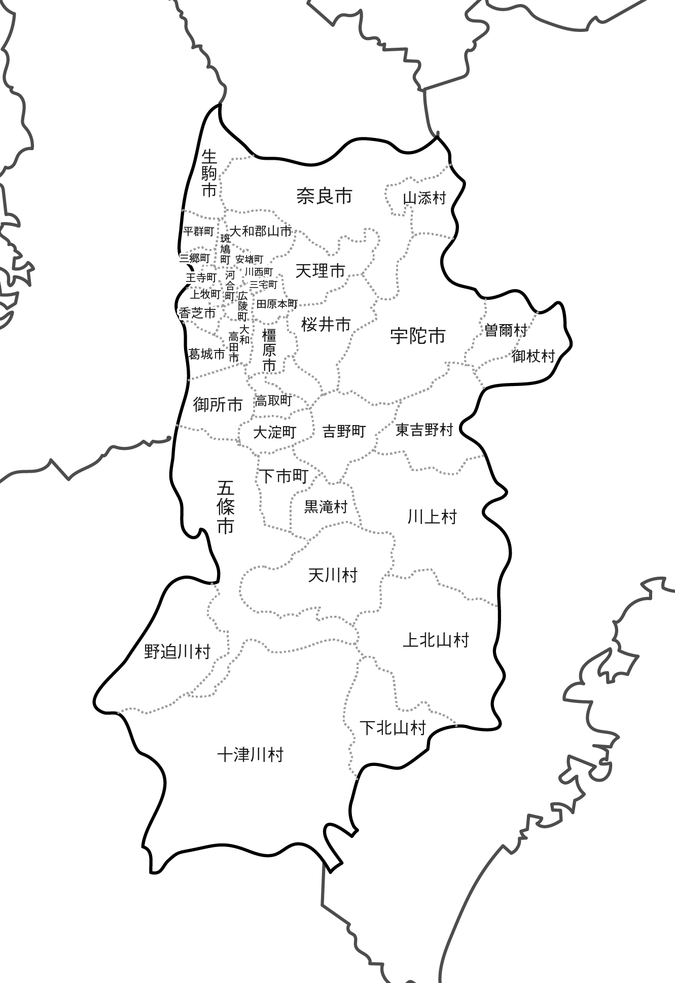 [白地図]奈良県・ラインあり・市区町村名あり・隣県あり