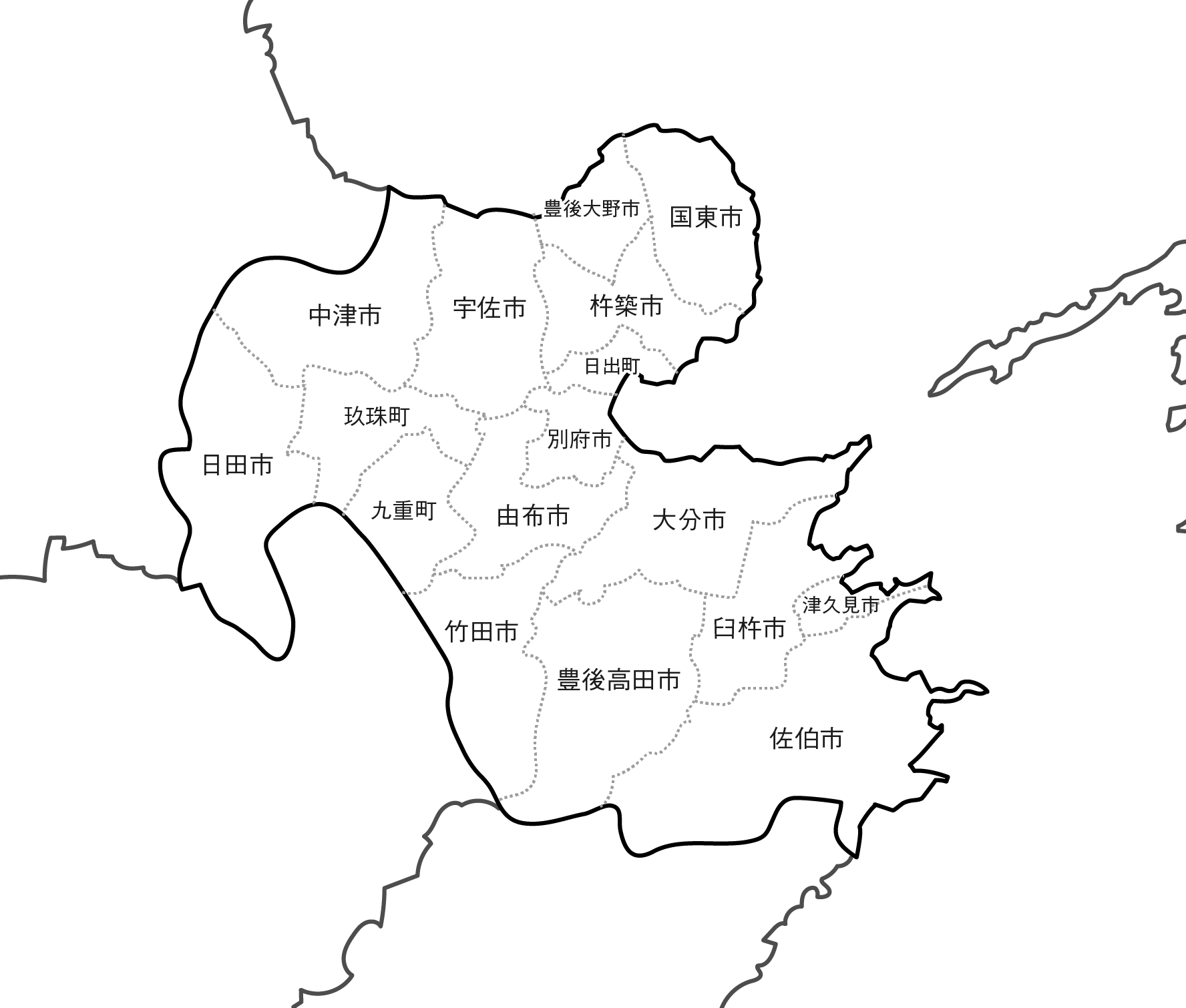 [白地図]大分県・ラインあり・市区町村名あり・隣県あり