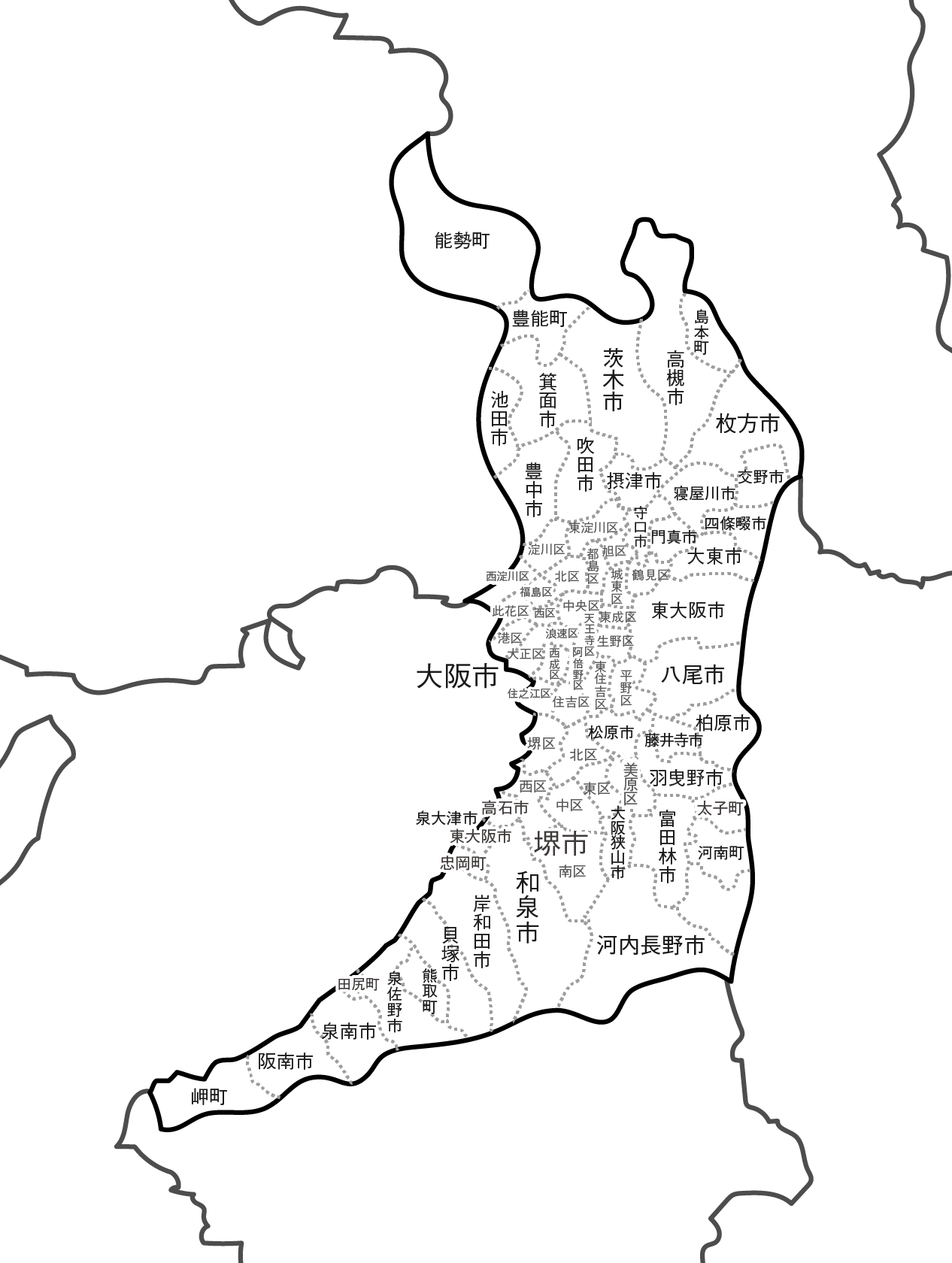 [白地図]大阪府・ラインあり・市区町村名あり・隣県あり